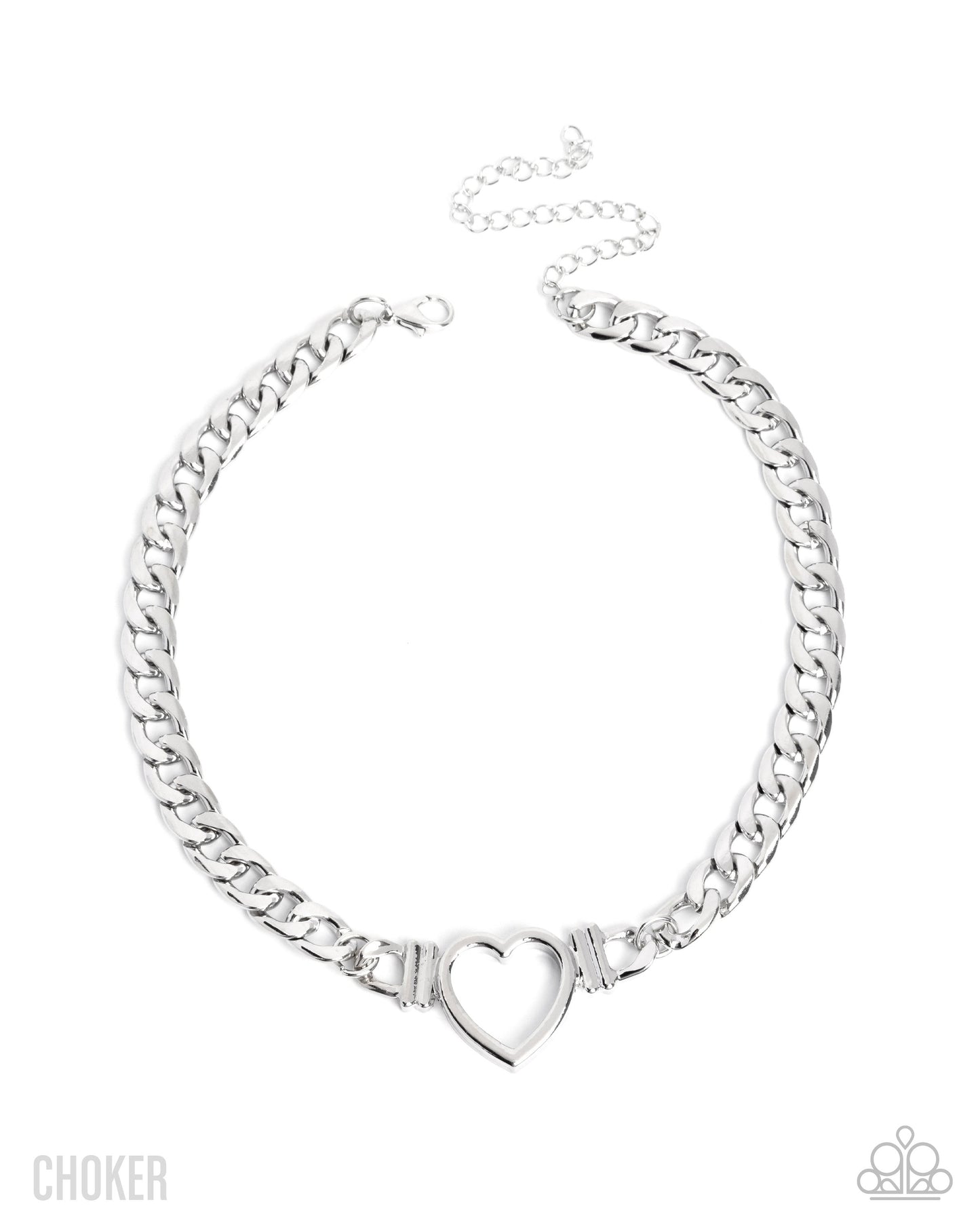 Silver chain choker necklace with a heart pendant on a white background