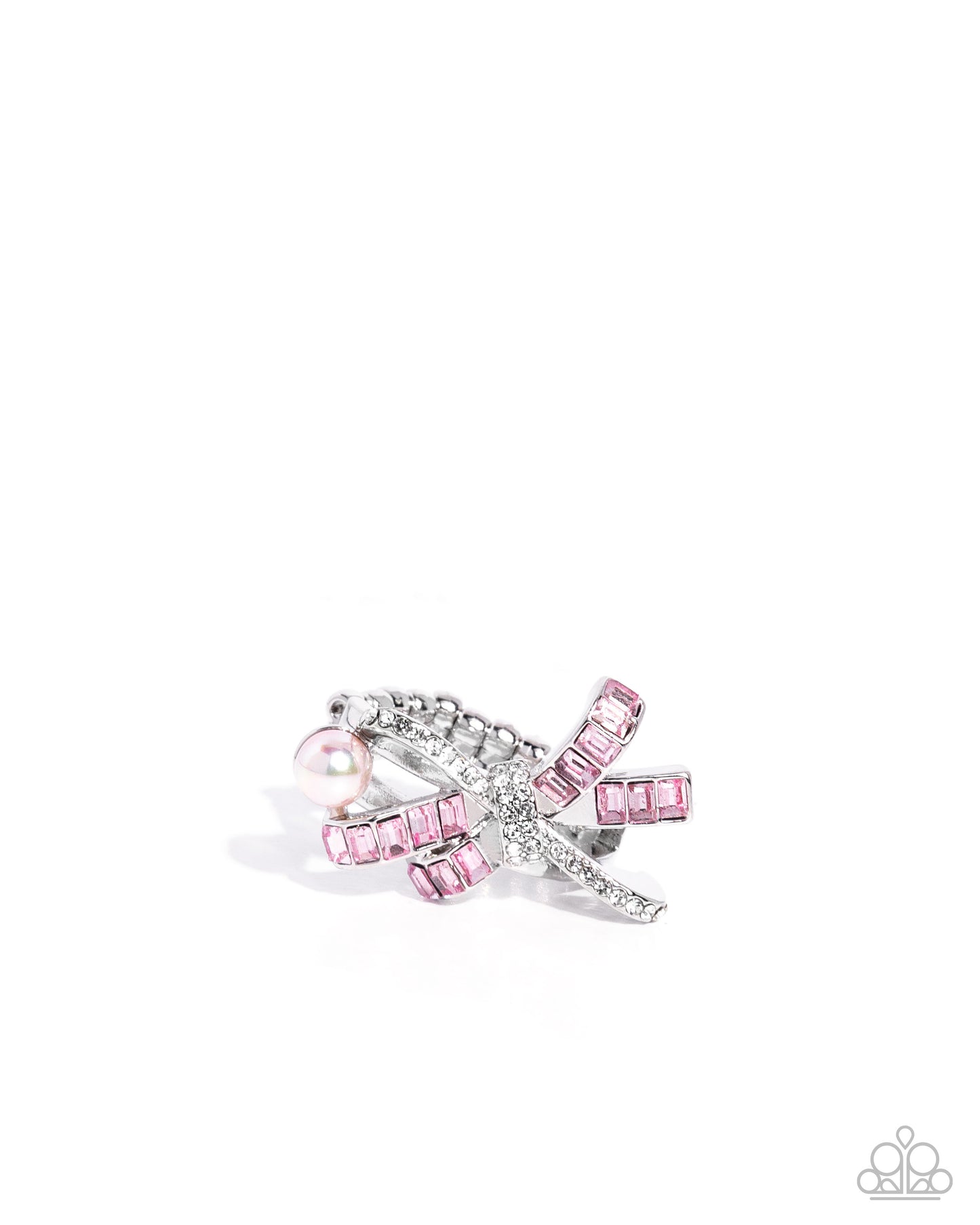 Pink and silver bow-shaped earring on a white background