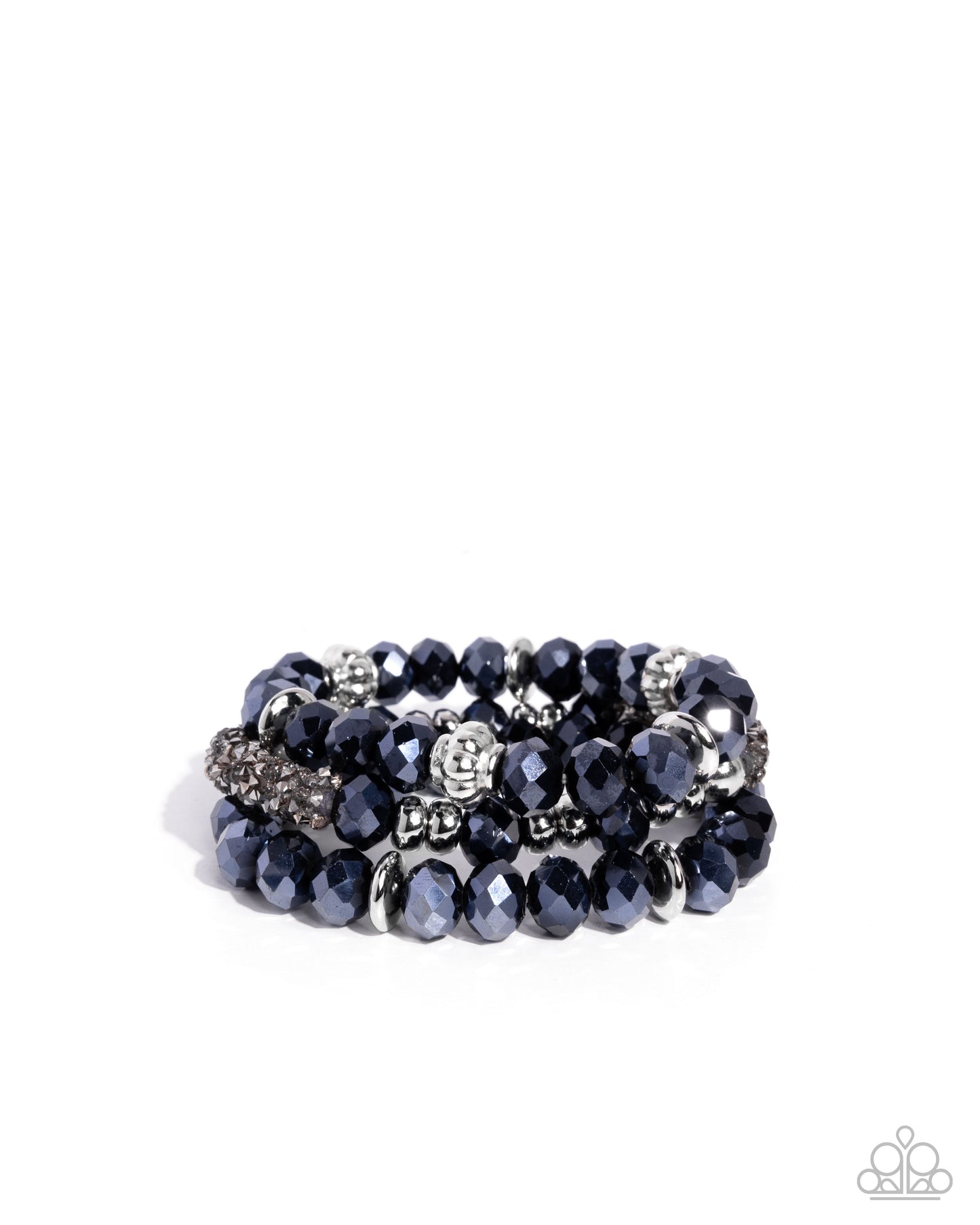 Stack of blue beaded bracelets on a white background