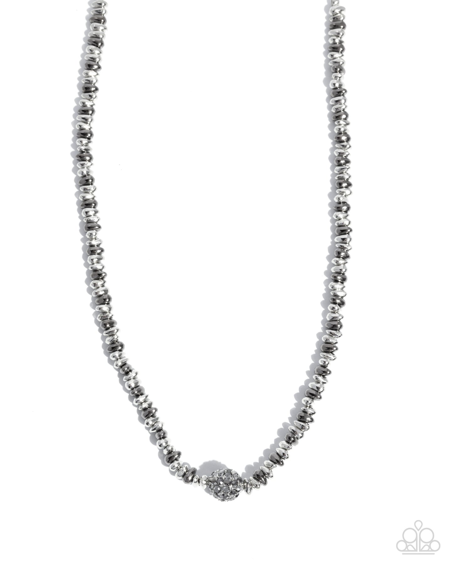 Silver beaded necklace on a white background