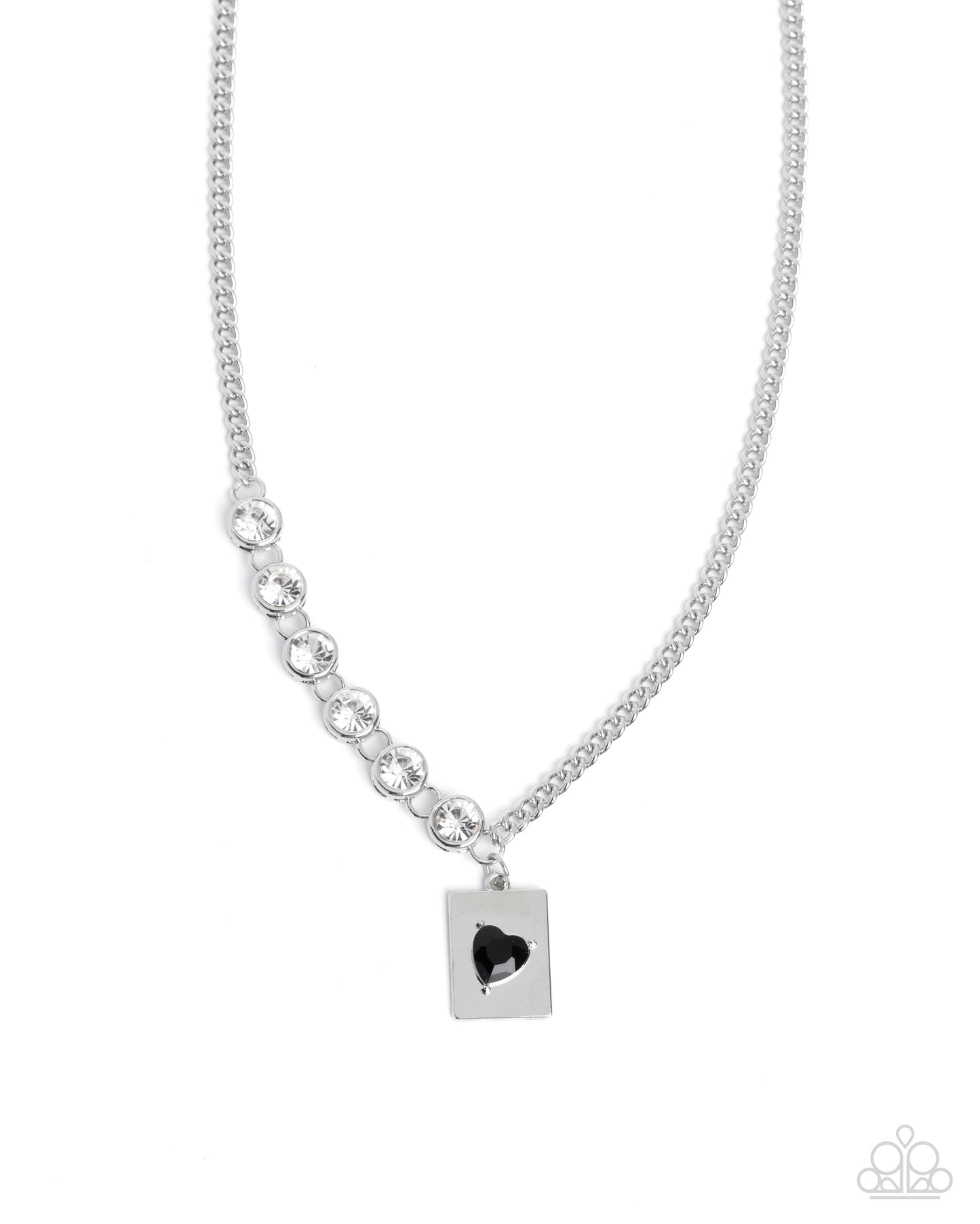 Silver necklace with a square pendant featuring a black heart on a white background