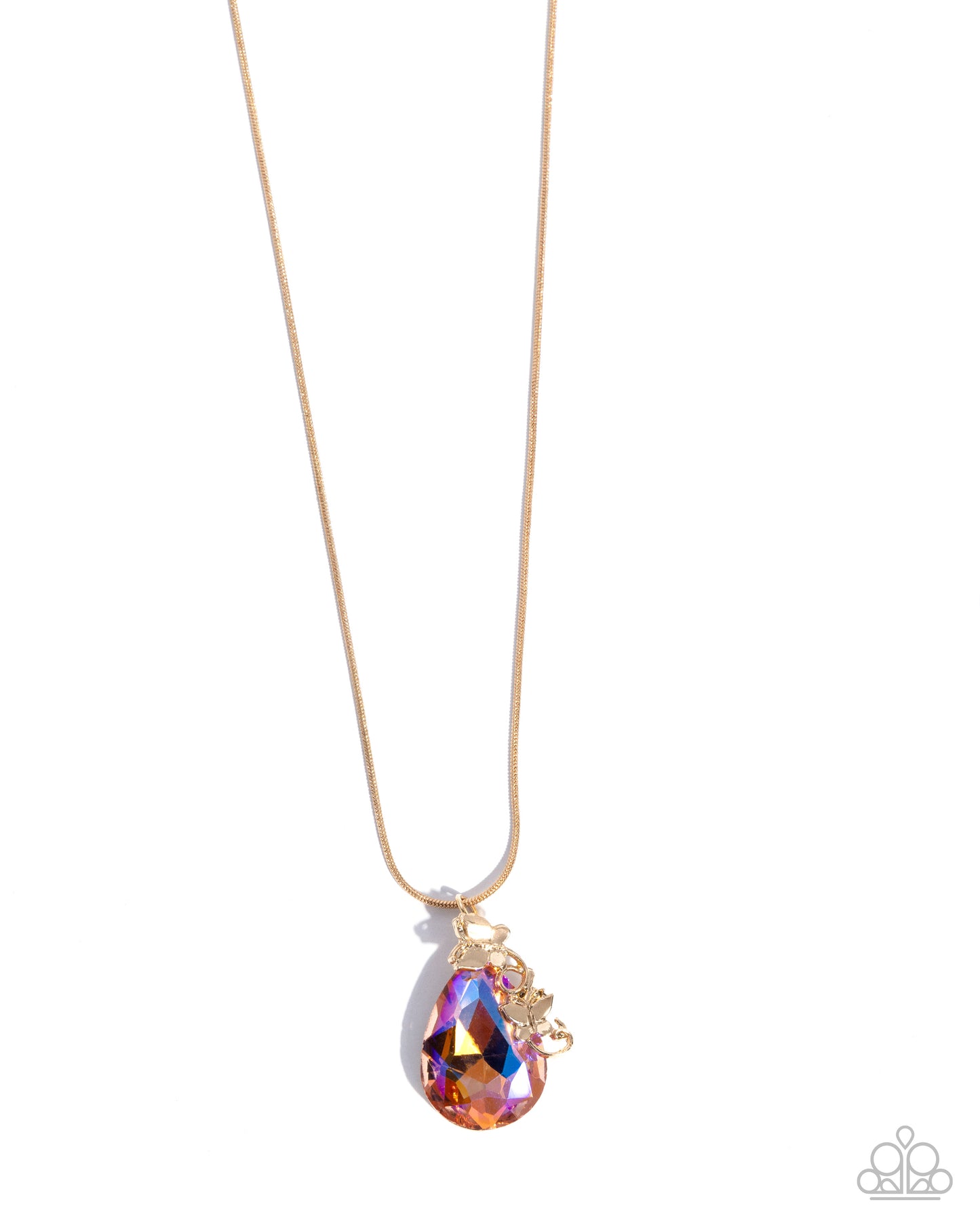 Necklace with a multicolored teardrop pendant on a white background