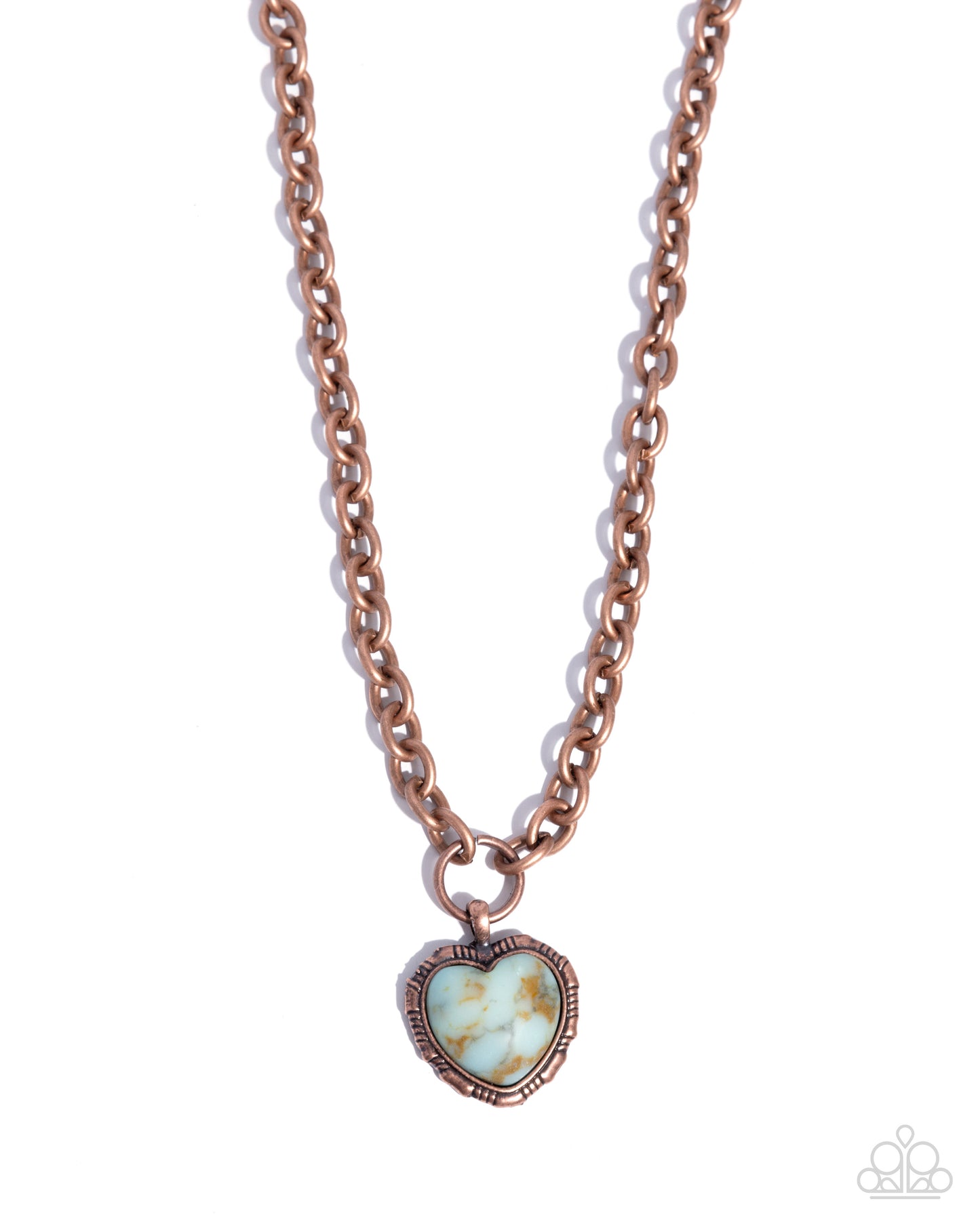 Rose gold necklace with a heart-shaped turquoise pendant on a white background