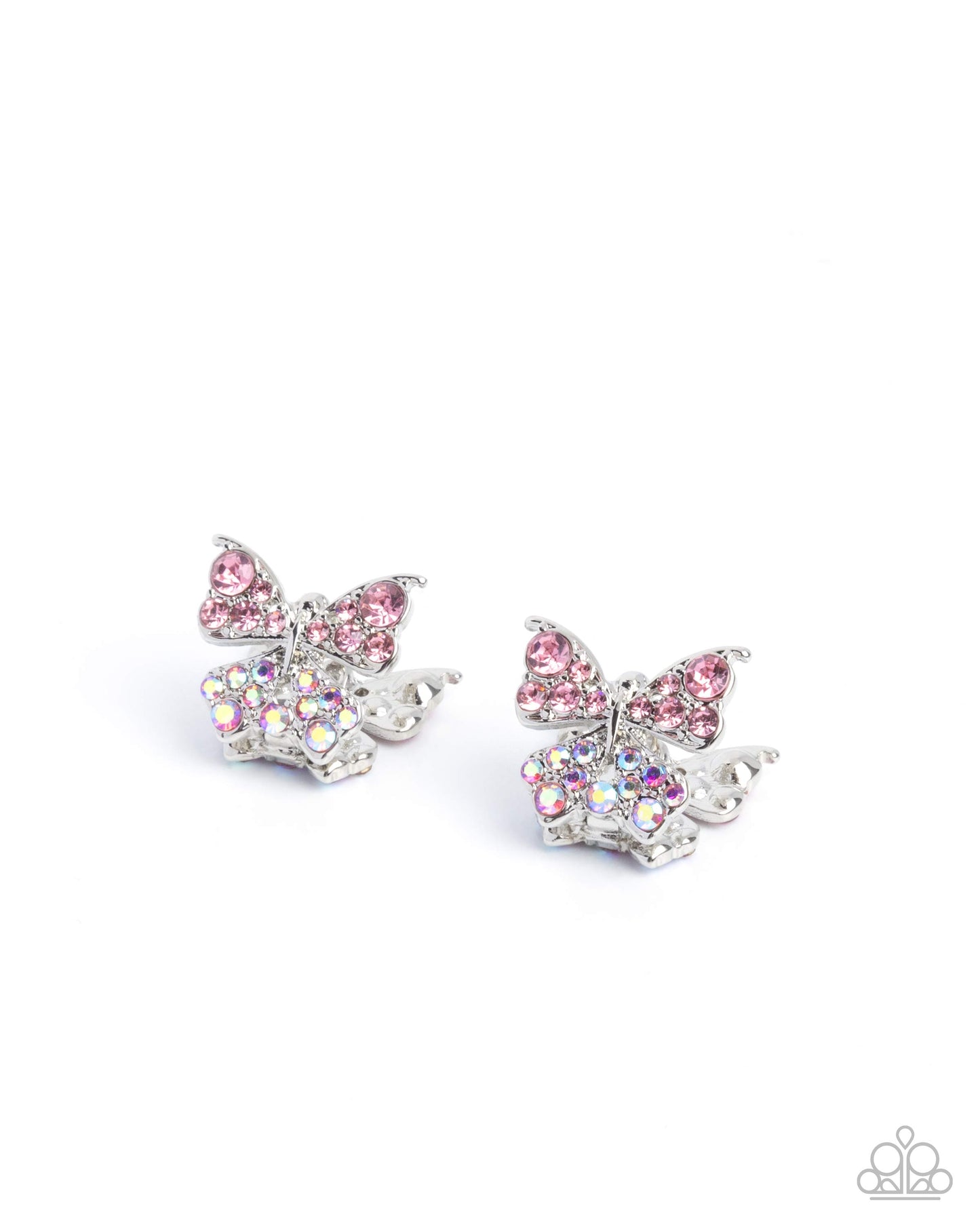 Butterfly-shaped earrings with pink and silver design on a white background