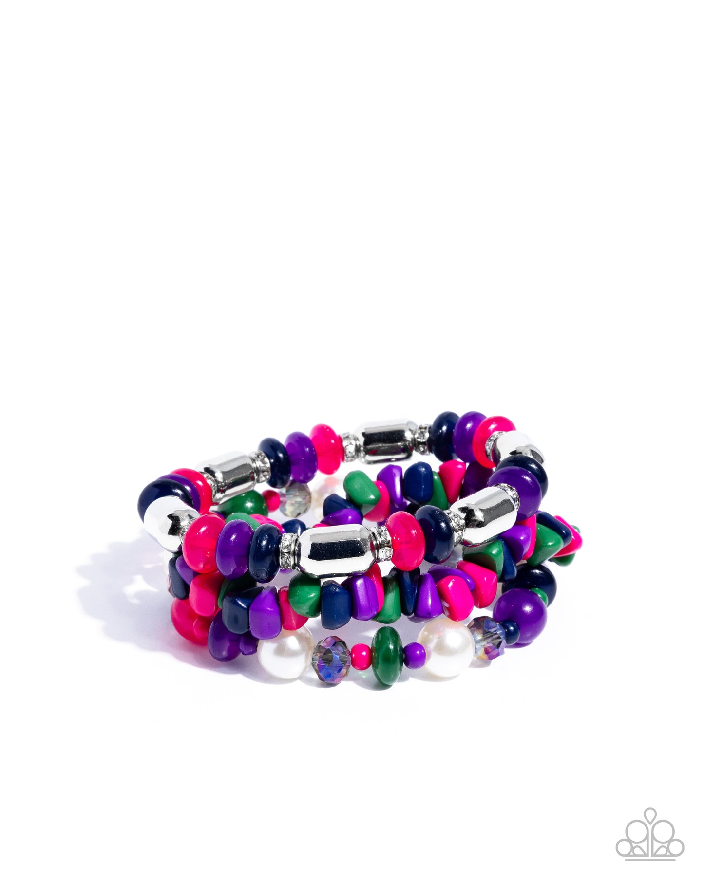 Multicolored beaded bracelet with silver accents on a white background
