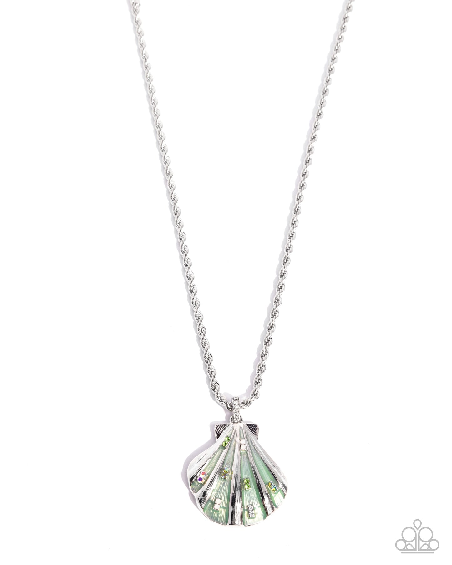 Silver necklace with a shell-shaped pendant on a white background