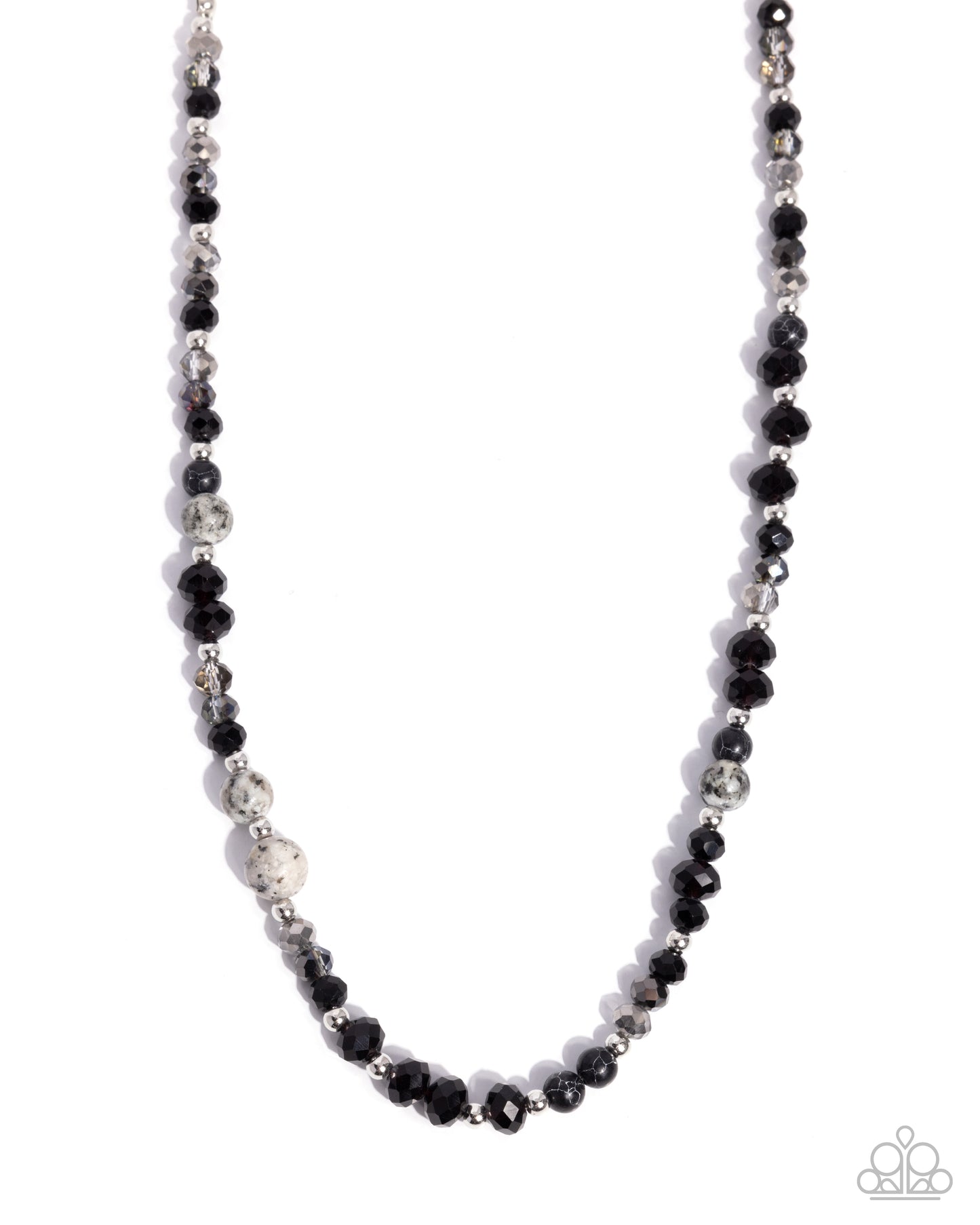 Necklace with black and silver beads on a white background