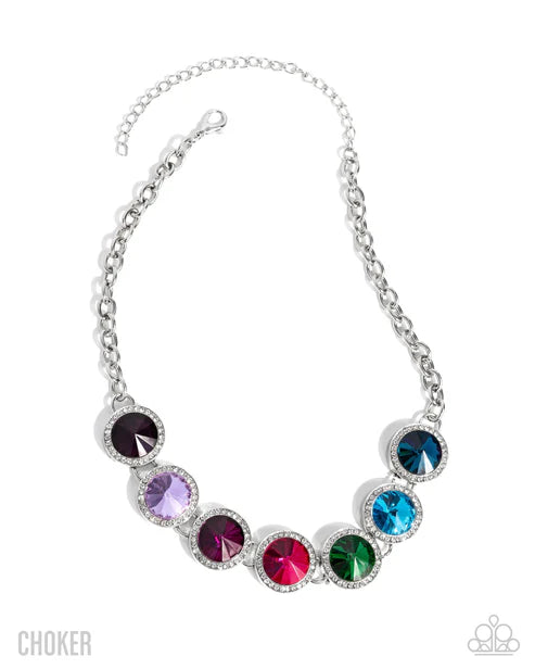 Multicolored gemstone choker necklace on a white background