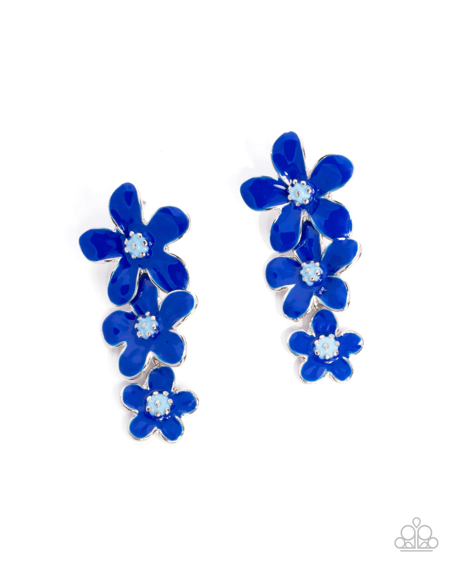 Pair of blue flower earrings on a white background