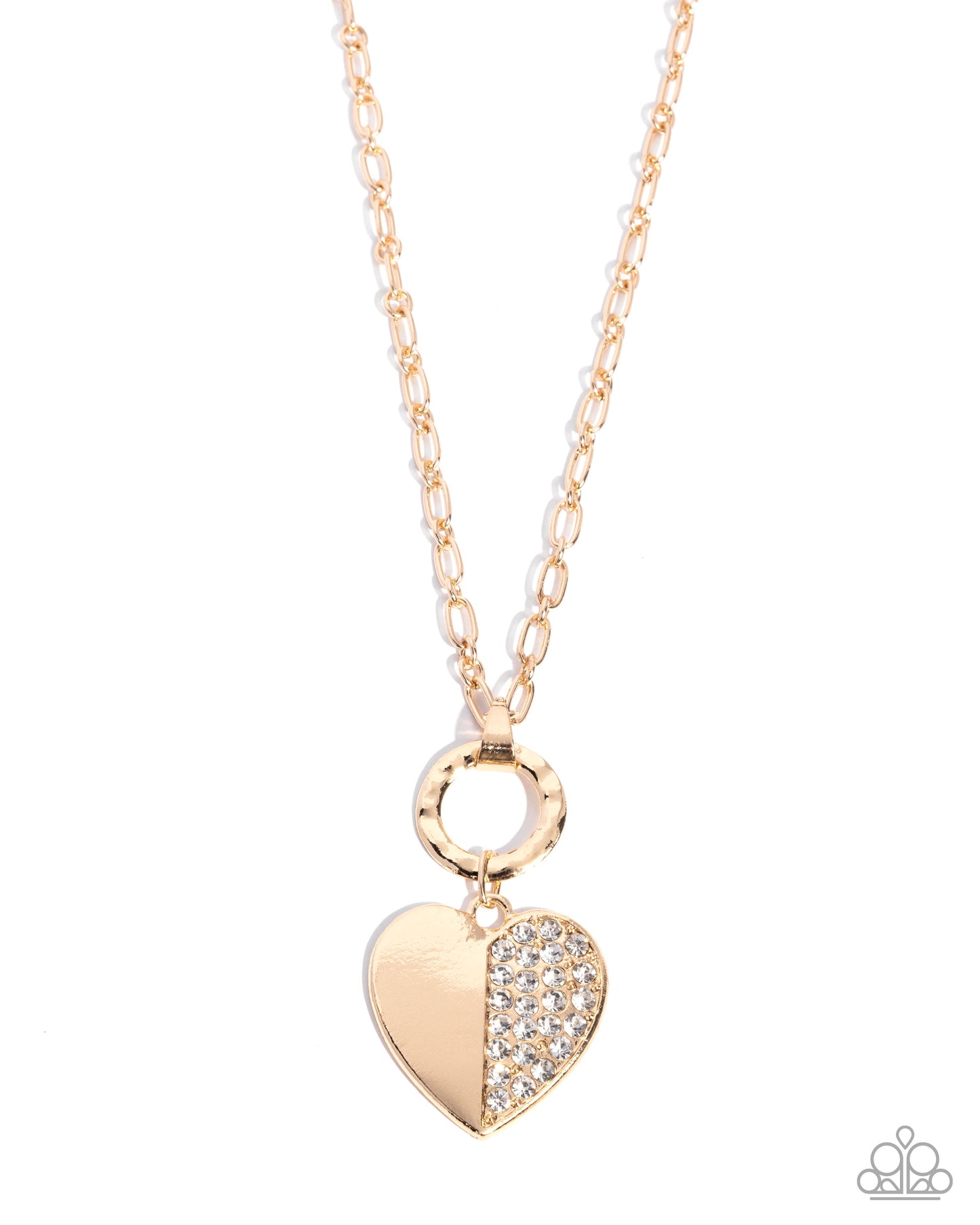 Gold heart-shaped pendant necklace on a white background