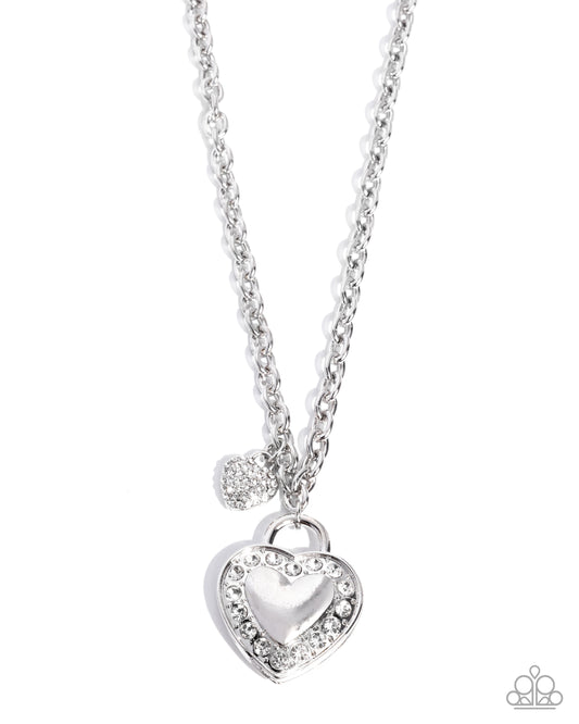 Silver heart padlock necklace with white rhinestones