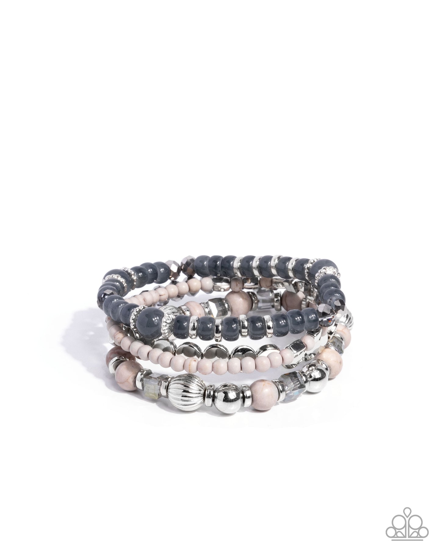 Set of three beaded bracelets with gray, white, and pink beads on a white background