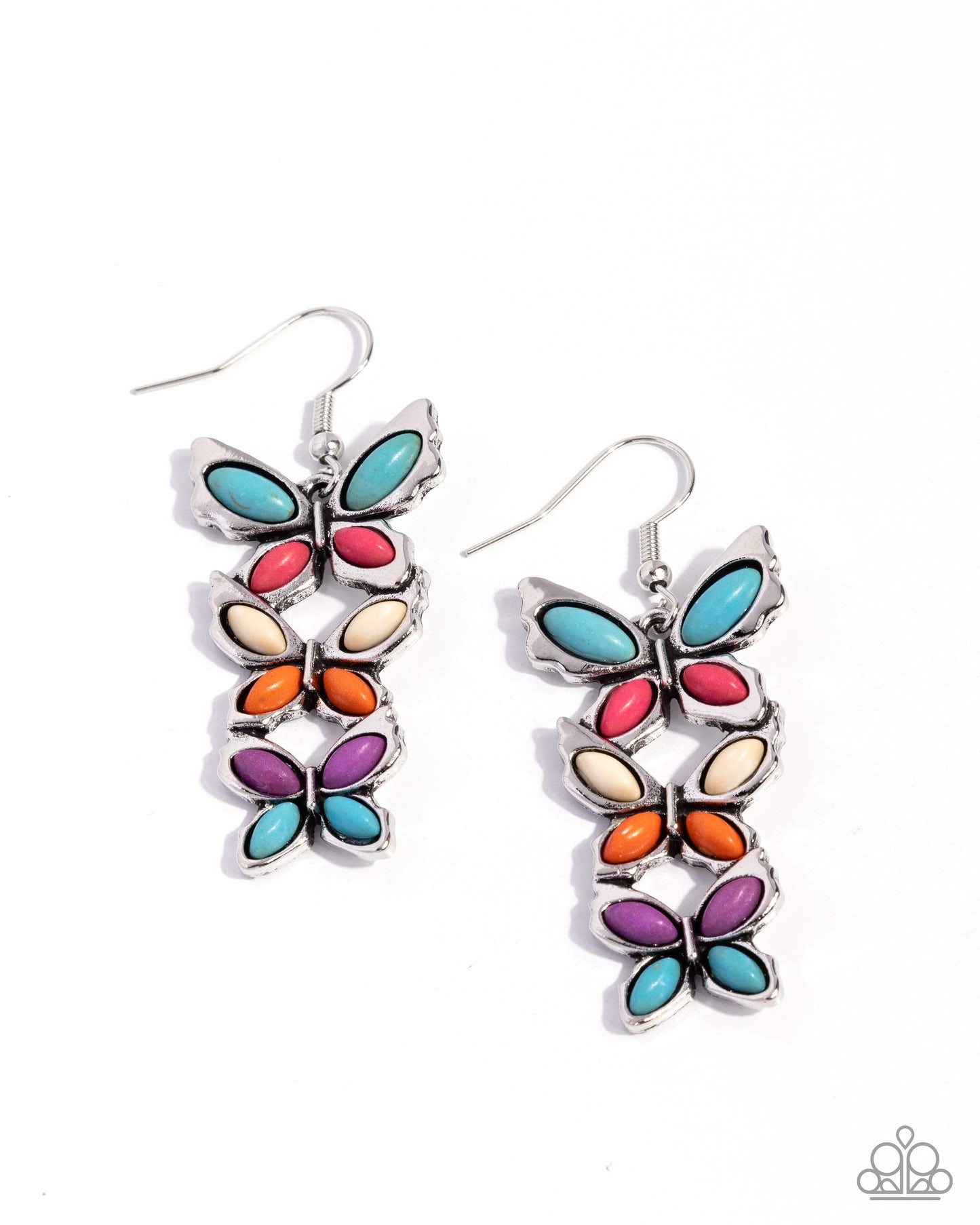 Colorful butterfly-shaped earrings on a white background