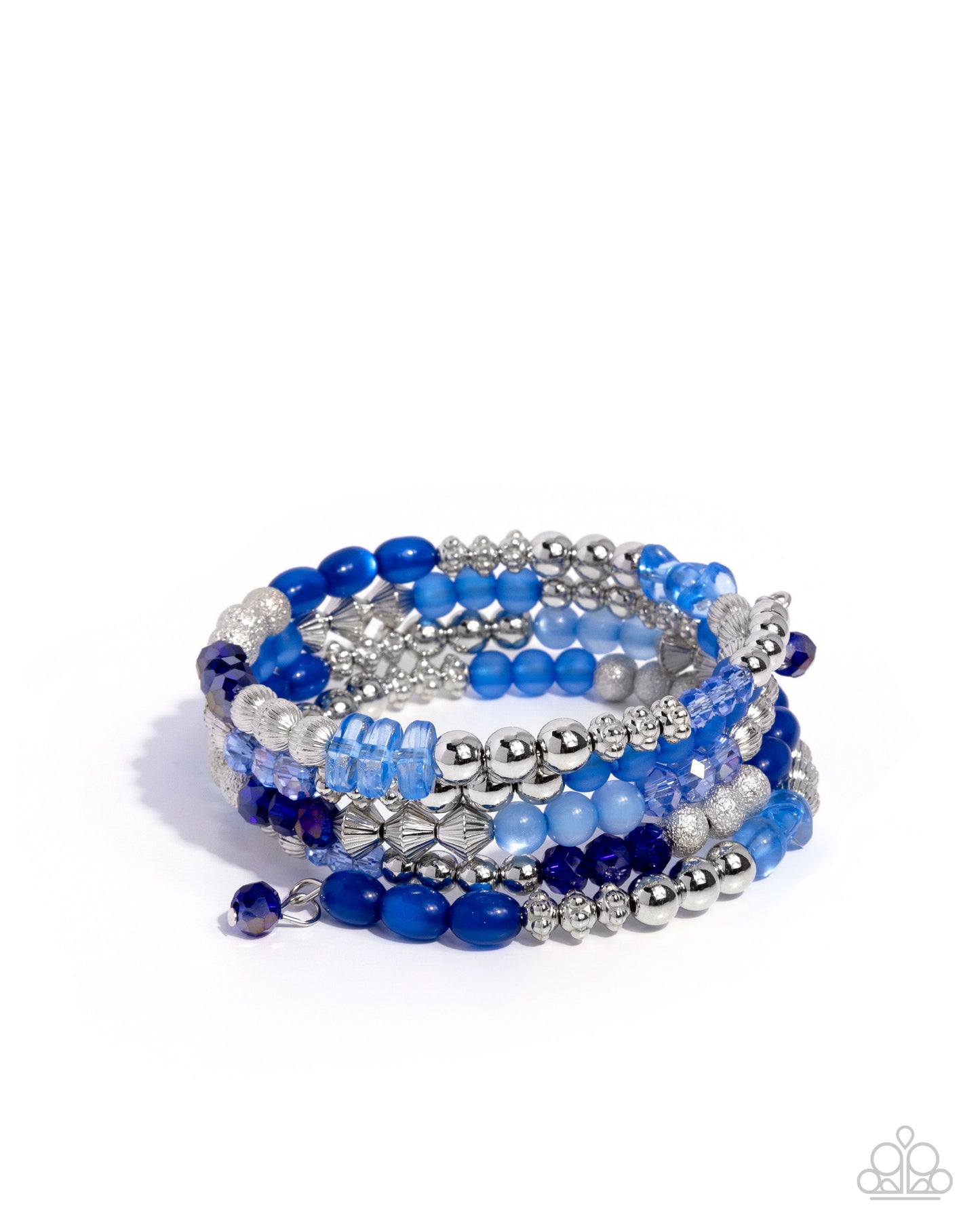Set of blue and silver beaded bracelets on a white background
