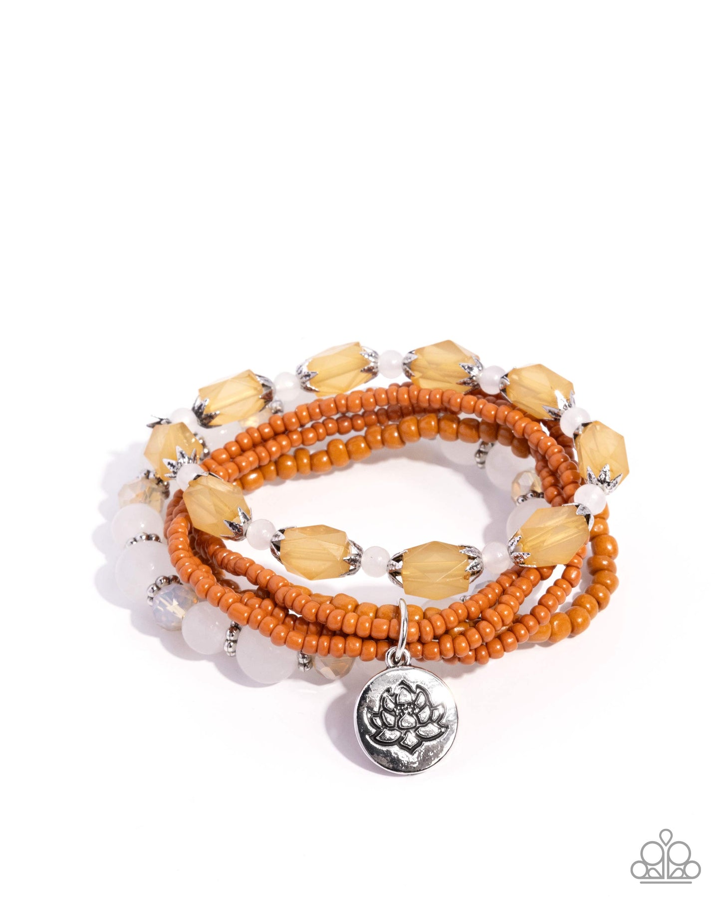 Set of orange and beige beaded bracelets with silver accents on a white background