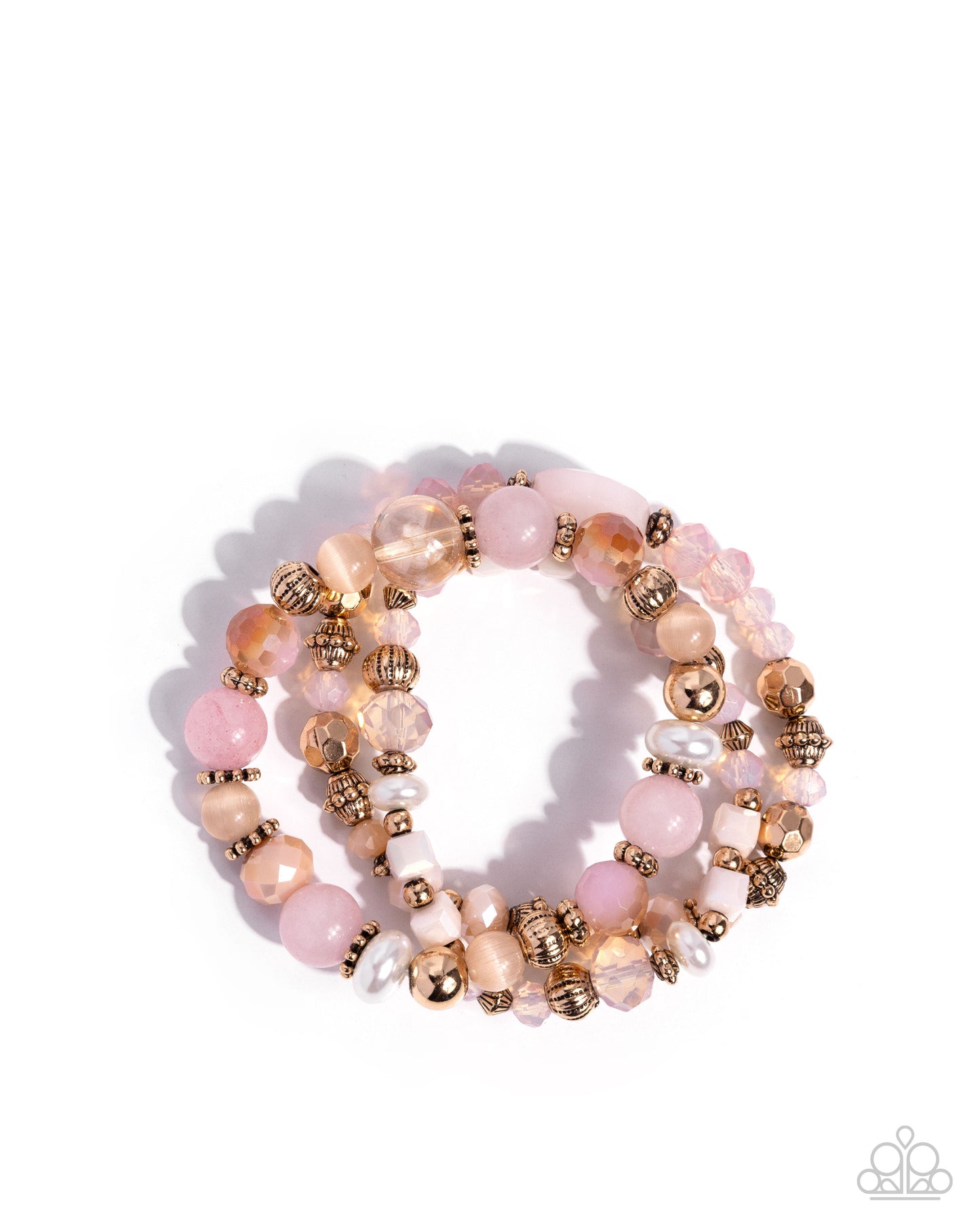 Set of beaded bracelets with pink, gold, and white beads on a white background