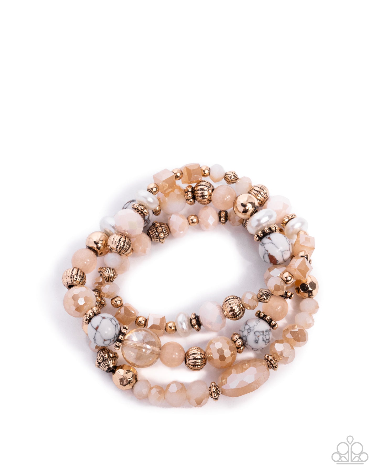 Set of three beaded bracelets with gold and beige beads on a white background