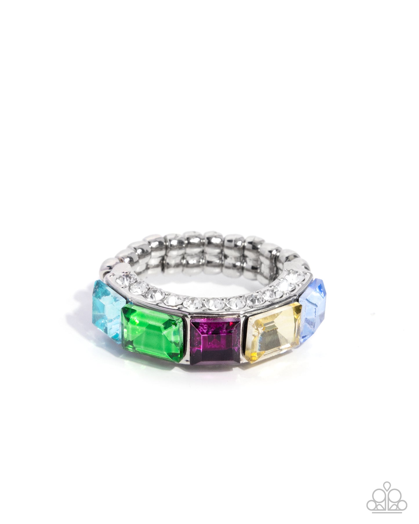 Multicolored gemstone ring on a white background