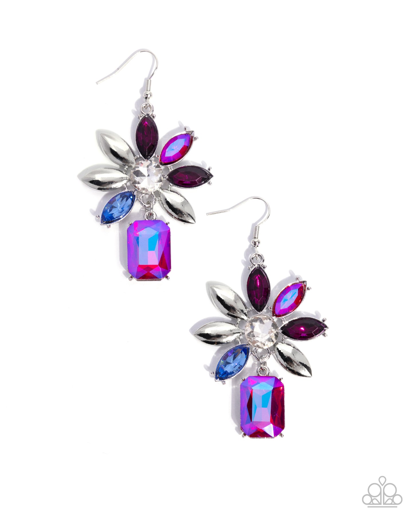 Pair of floral earrings with colorful gemstones on a white background
