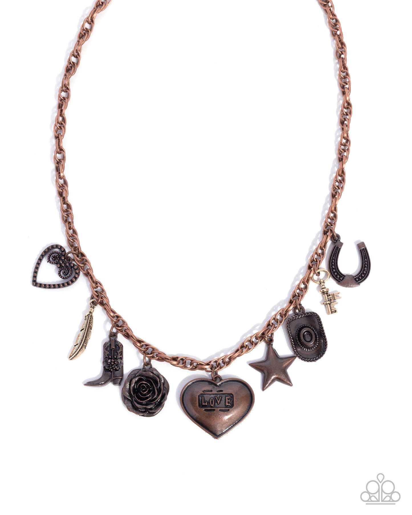 Necklace with various charms including a heart, star, and rose on a white background