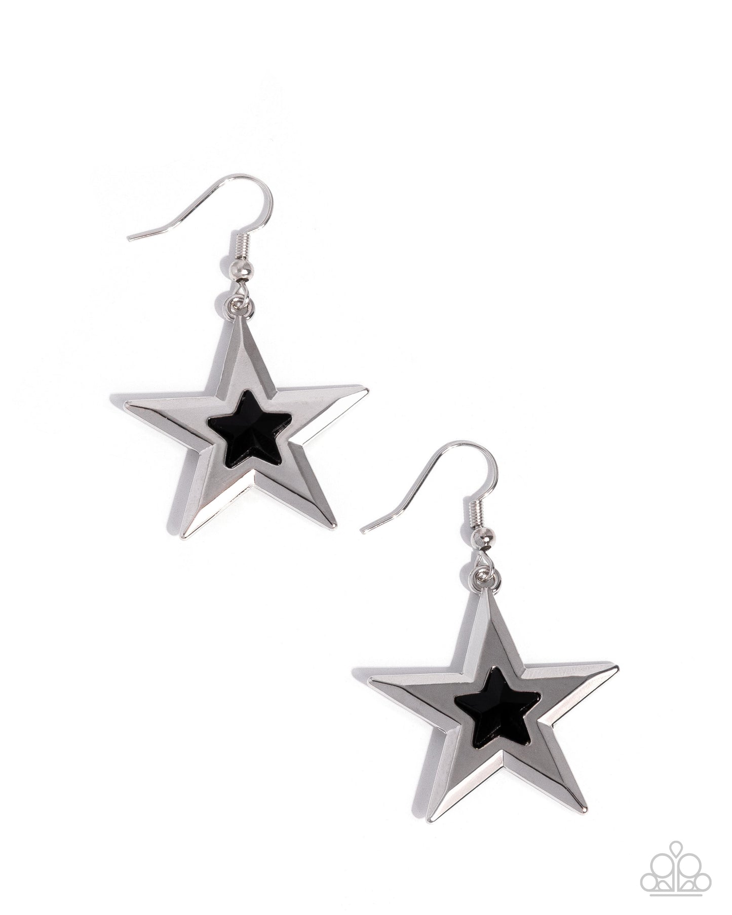Star-shaped earrings with black centers on a white background