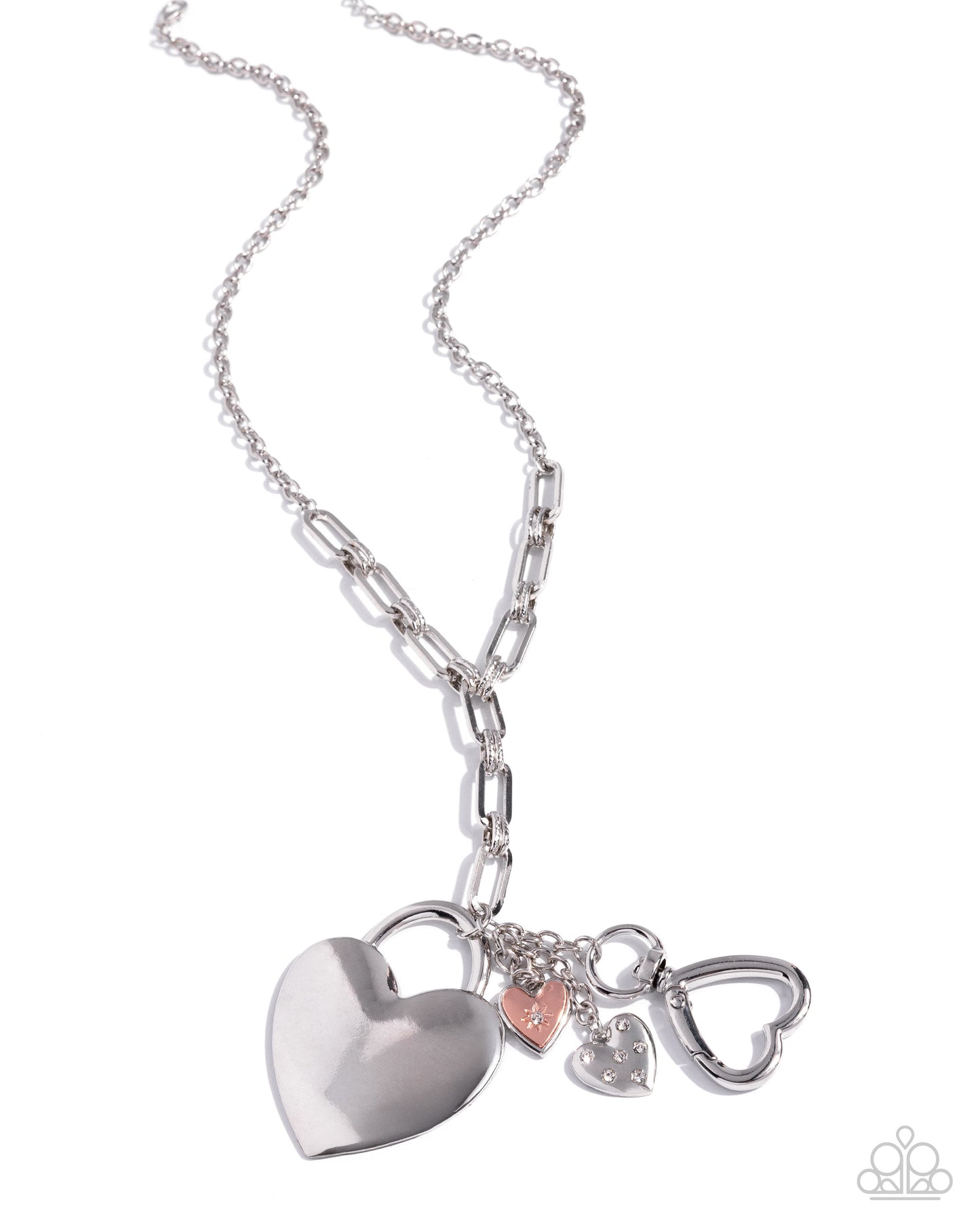 Silver necklace with heart-shaped charms on a white background