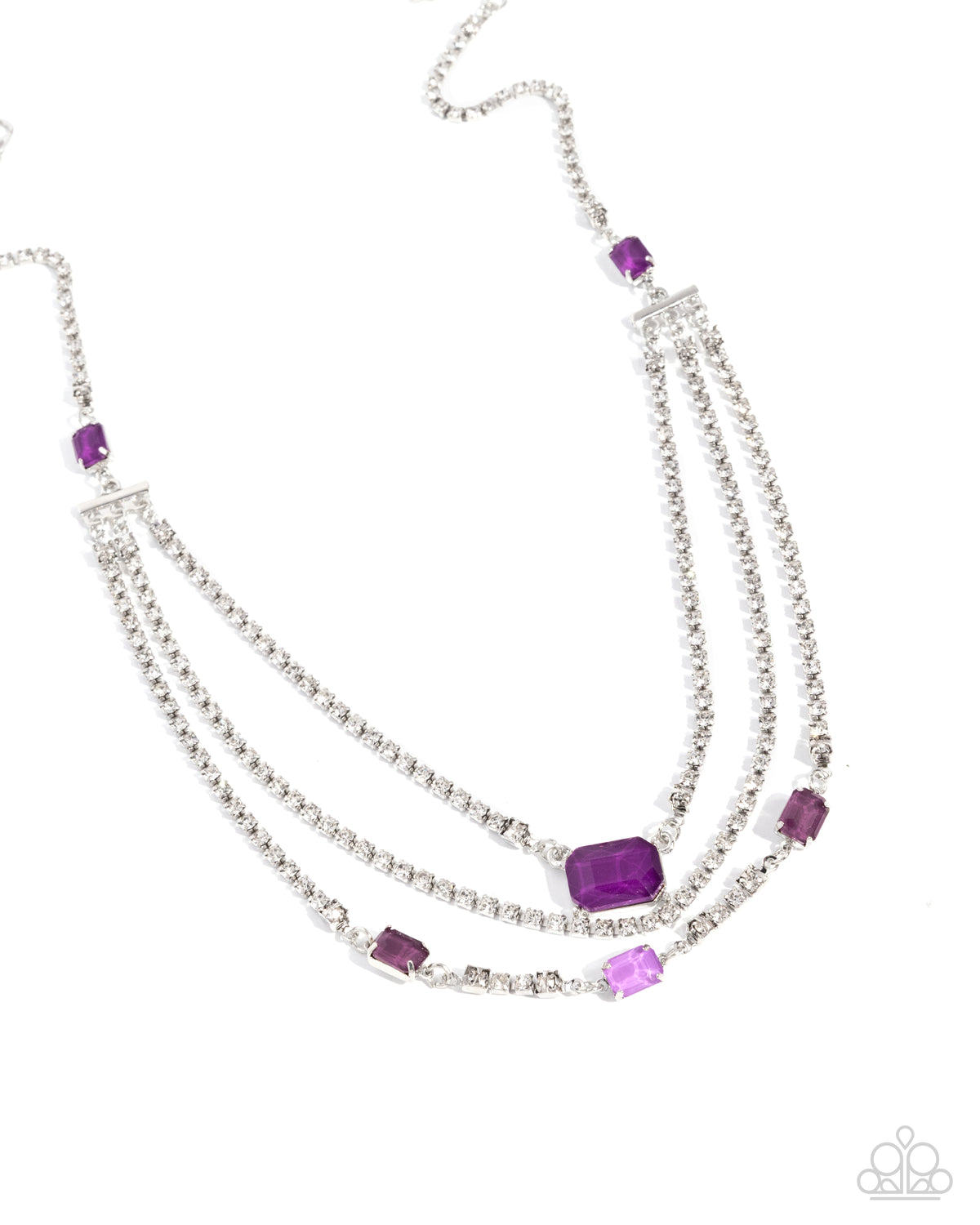 A multi-strand silver-tone statement necklace featuring rectangular purple amethyst gemstones and clear cubic zirconia accents, displayed on a clean white background.