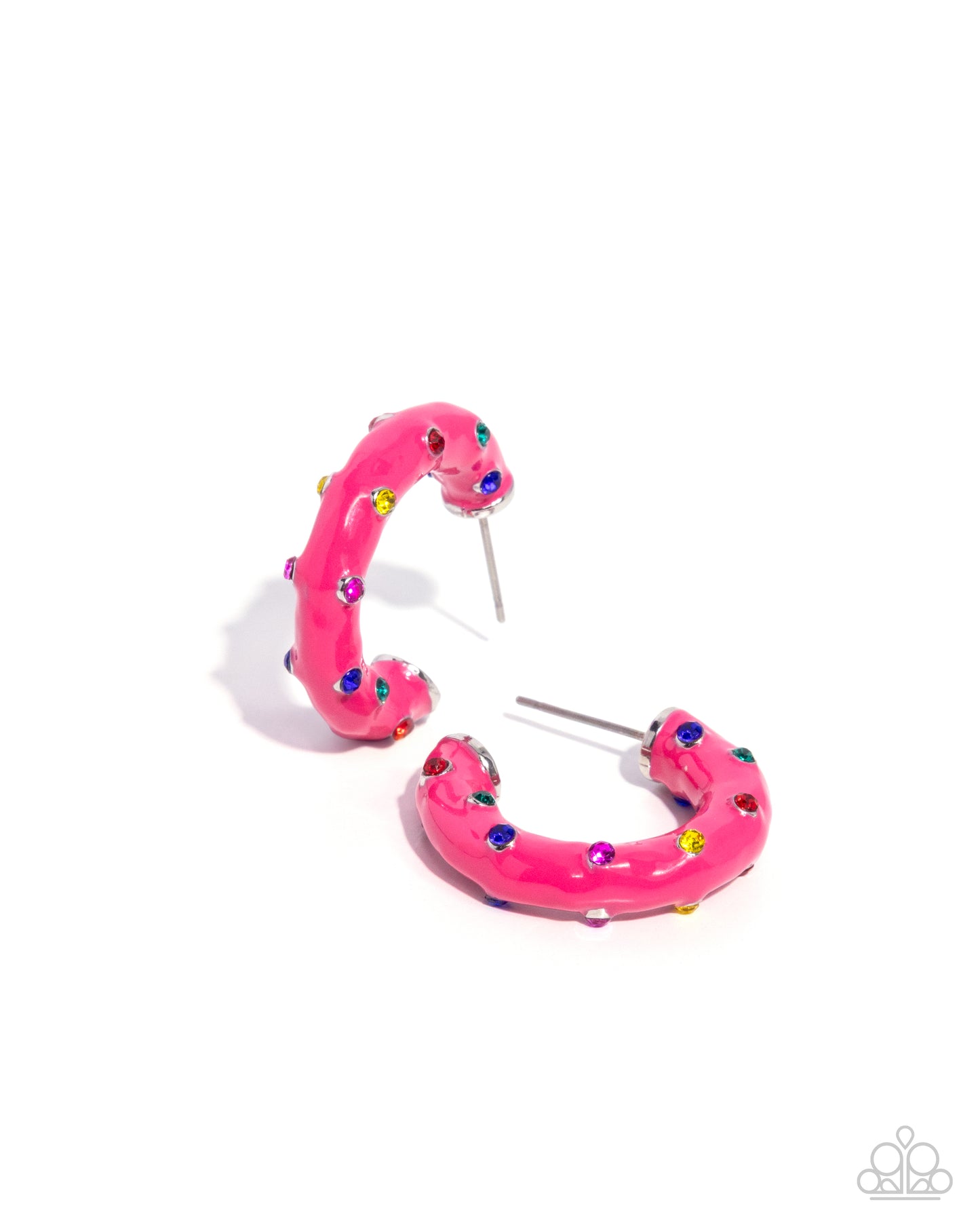 Pink hoop earrings with colorful embellishments on a white background