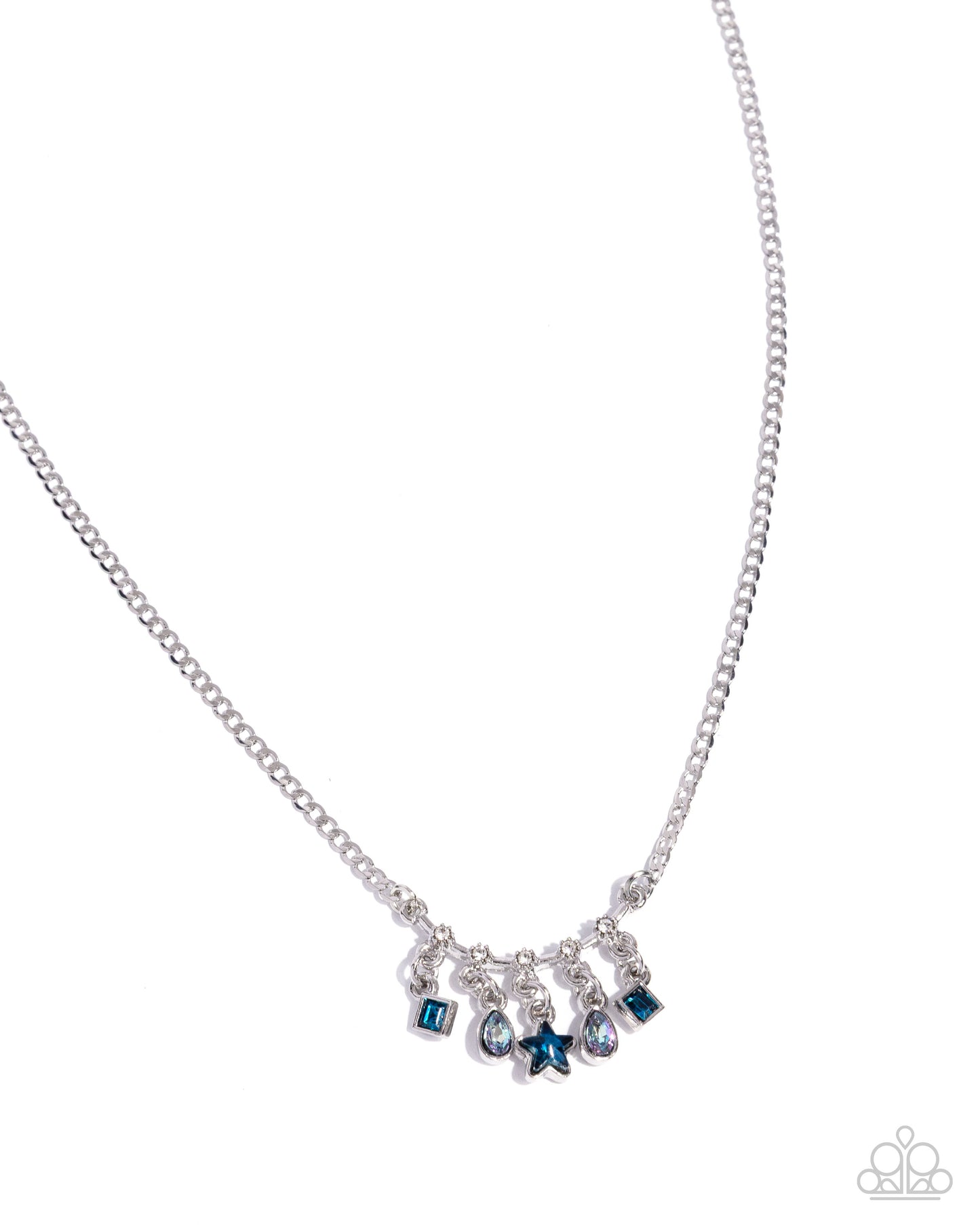 Silver necklace with blue gemstone charms on a white background