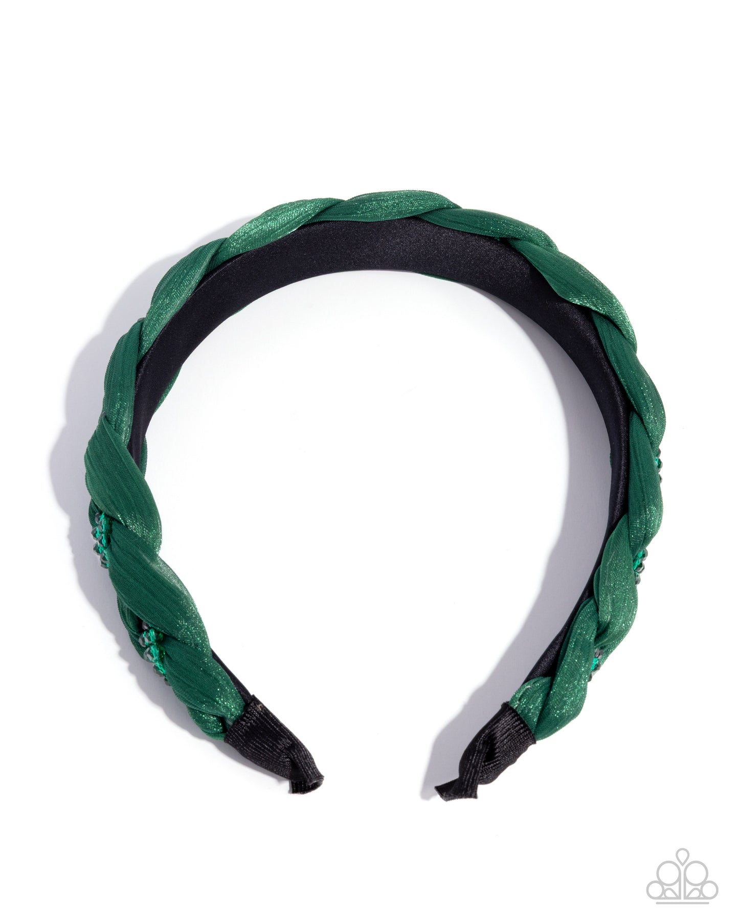 Green braided headband with black accents on a white background