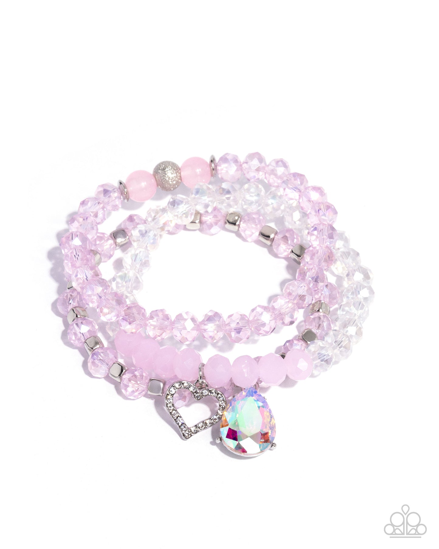 Pink beaded bracelet with a heart-shaped charm on a white background