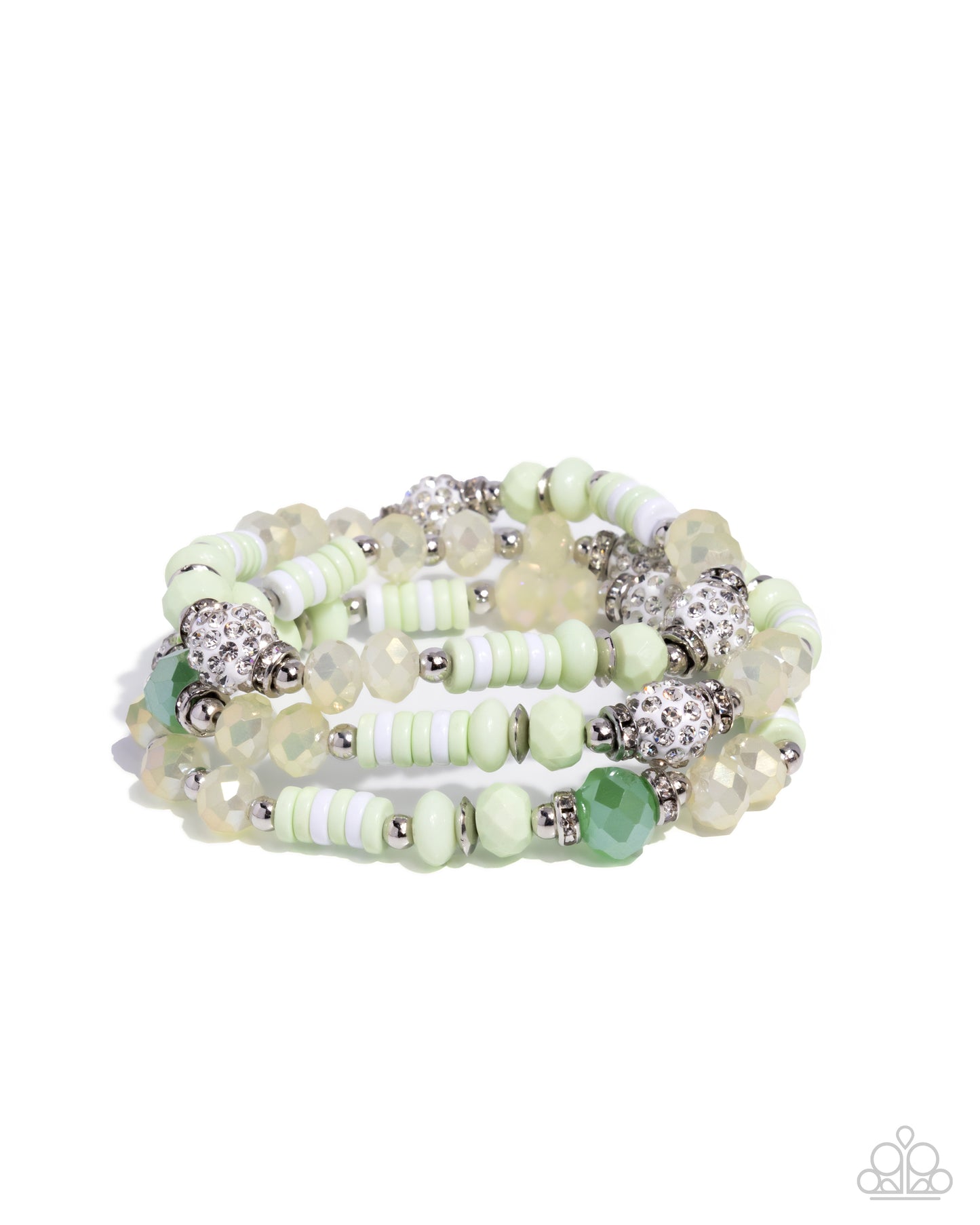 Stack of light green beaded bracelets on a white background