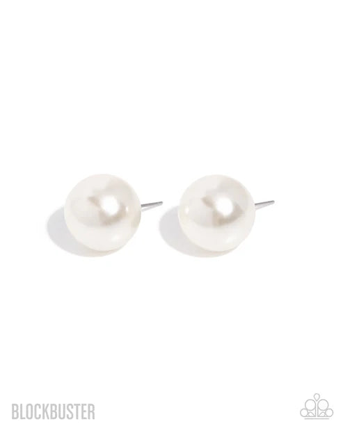 Pair of pearl earrings on a white background with 'Blockbuster' branding.