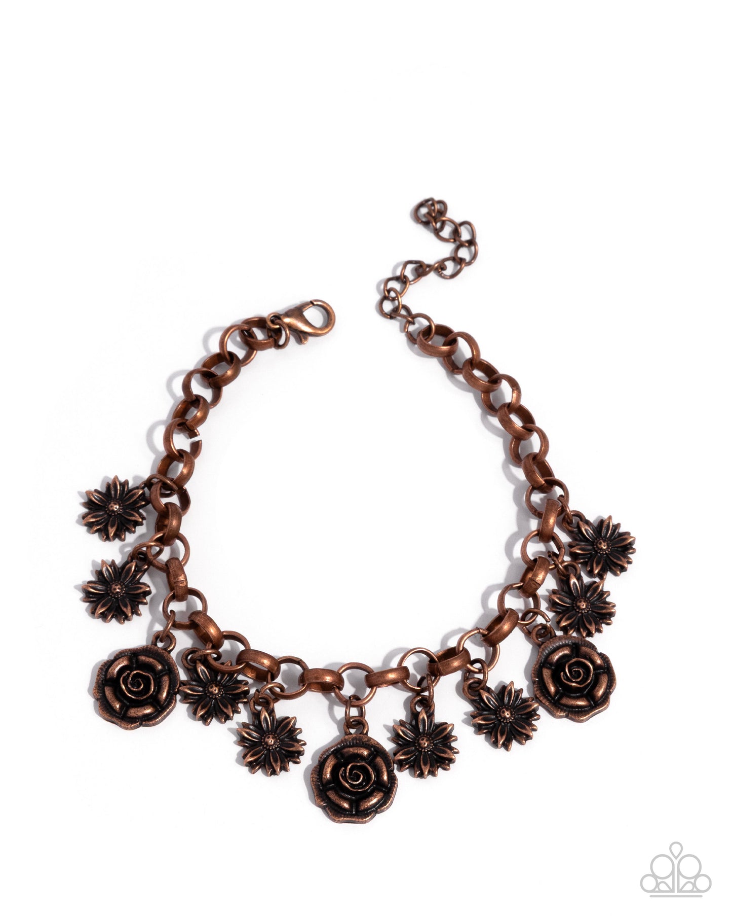 Copper necklace with floral charms on a white background