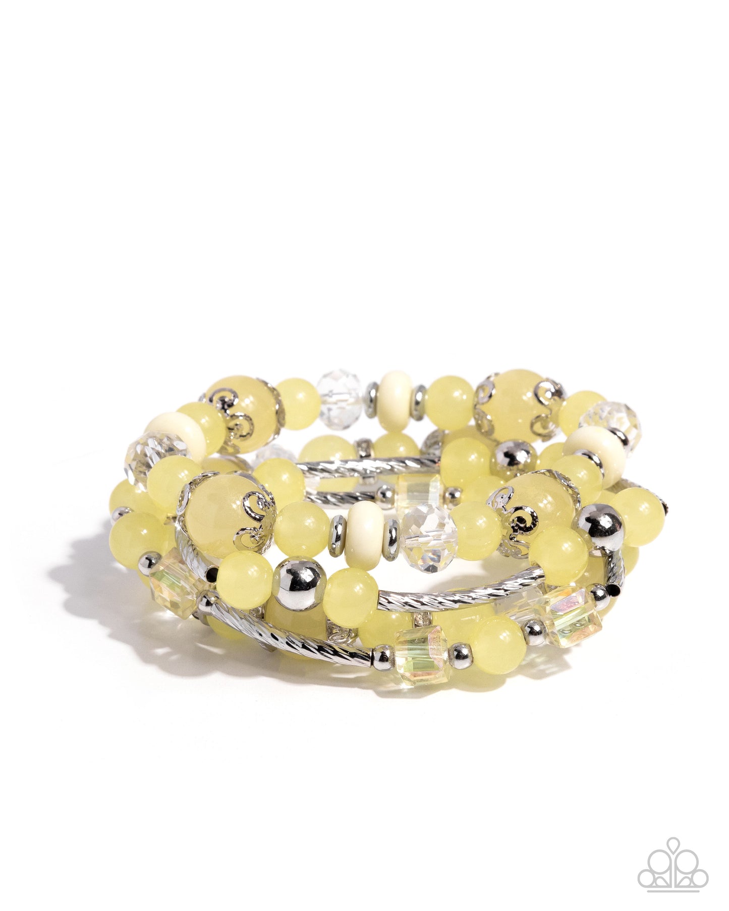 Yellow beaded bracelet with silver accents on a white background