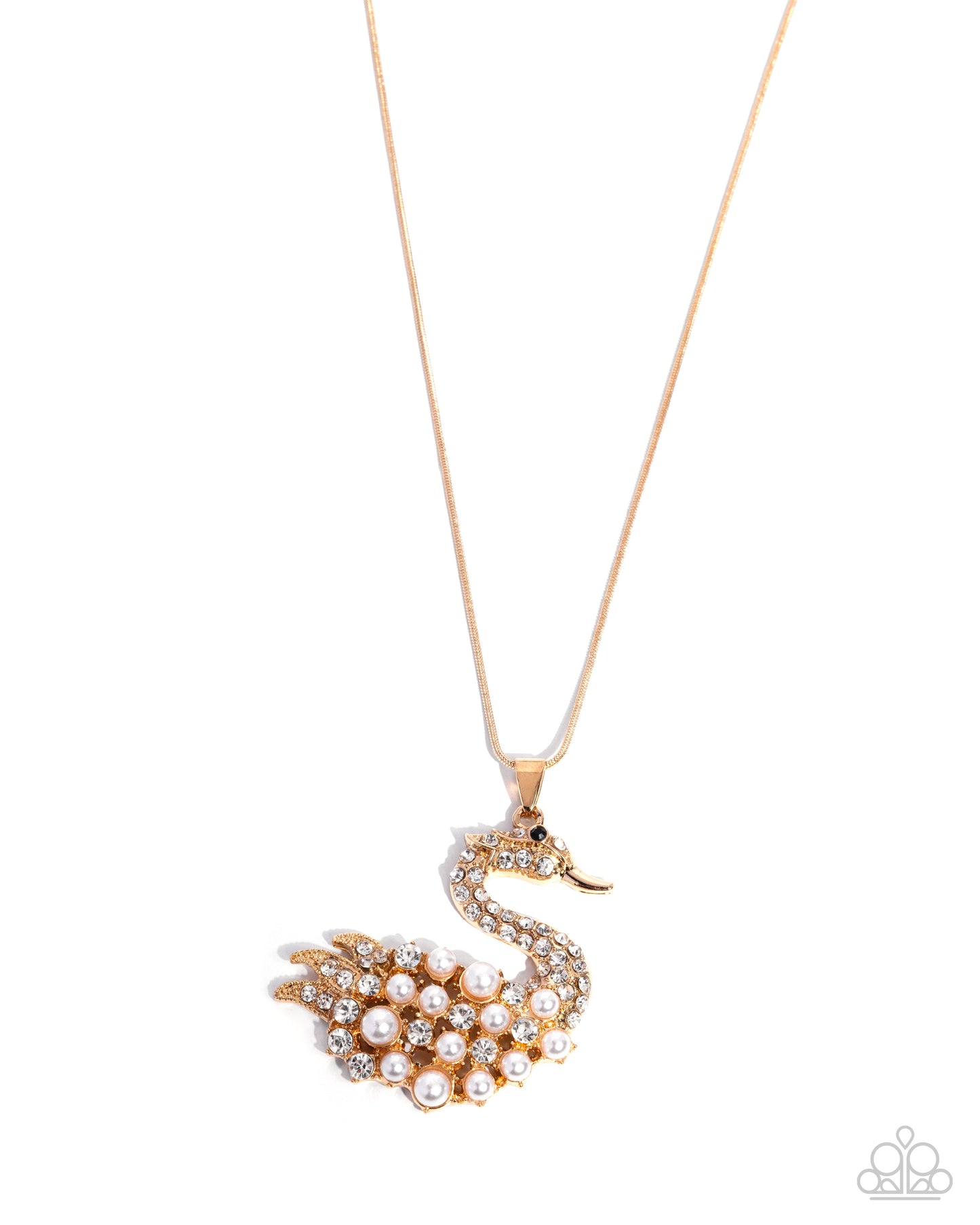 Gold and pearl swan pendant on a gold chain against a white background