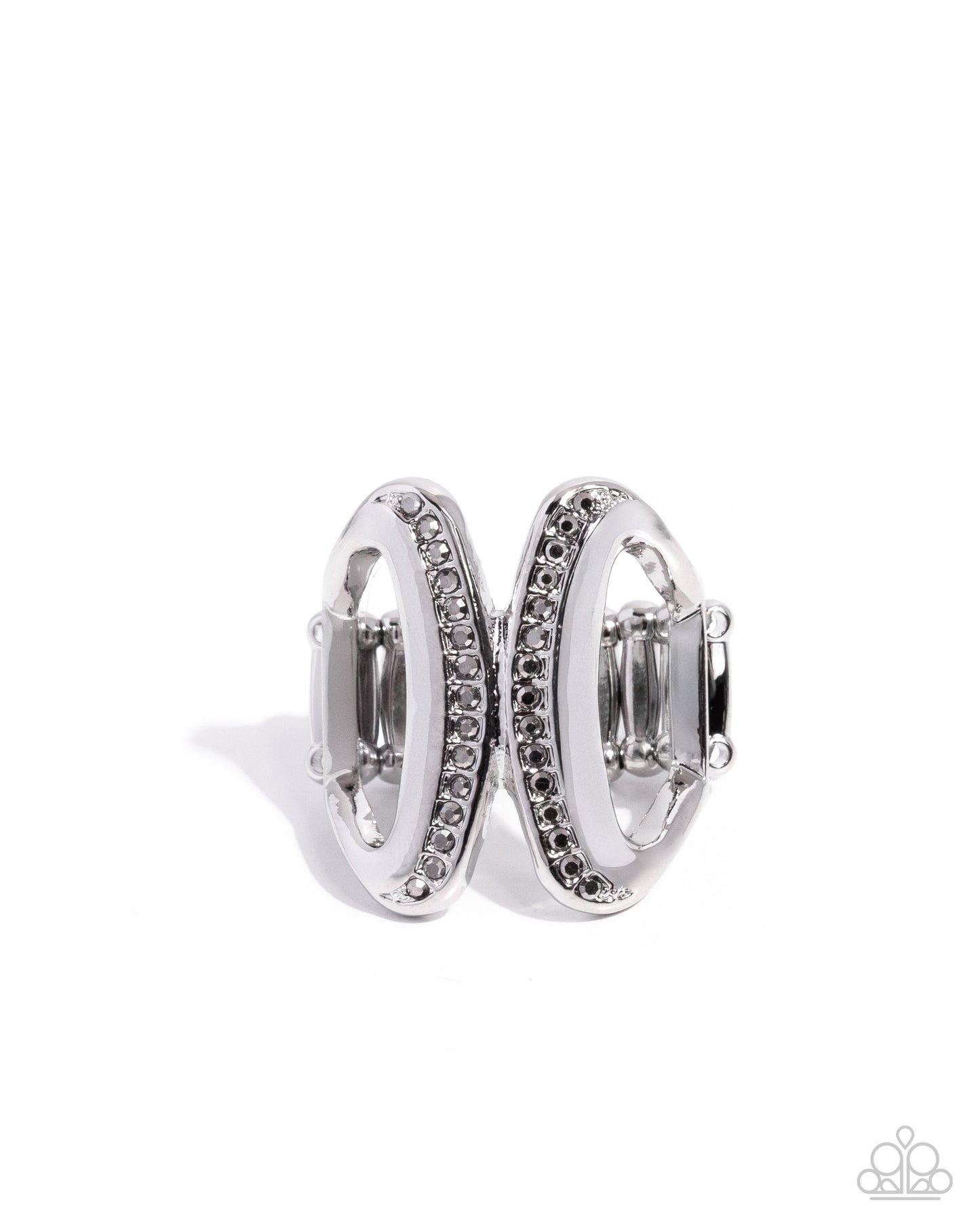 Pair of silver hoop earrings with embedded stones on a white background