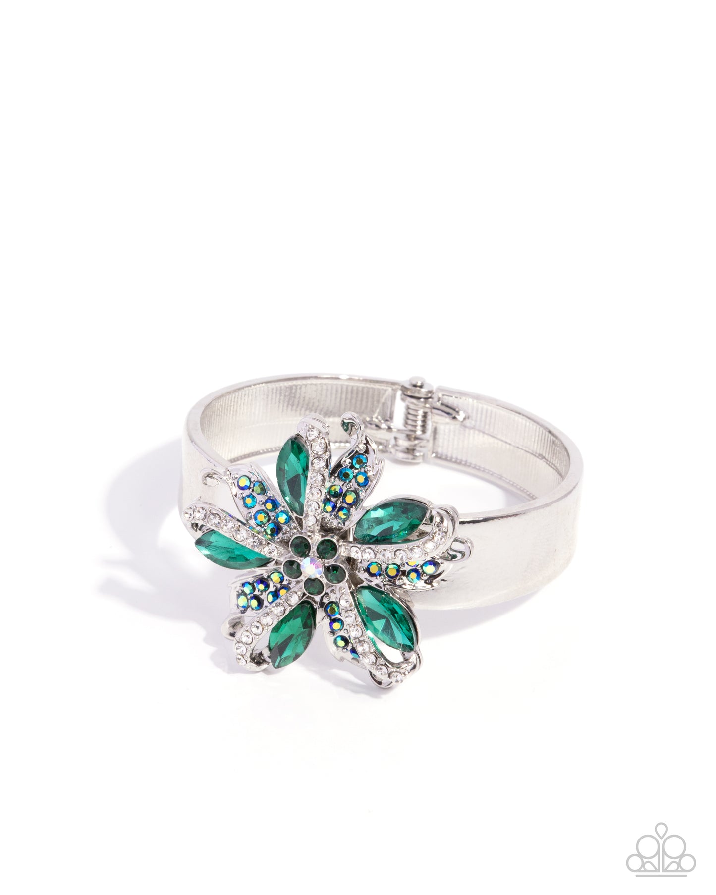 Silver bracelet with green gemstones on a white background