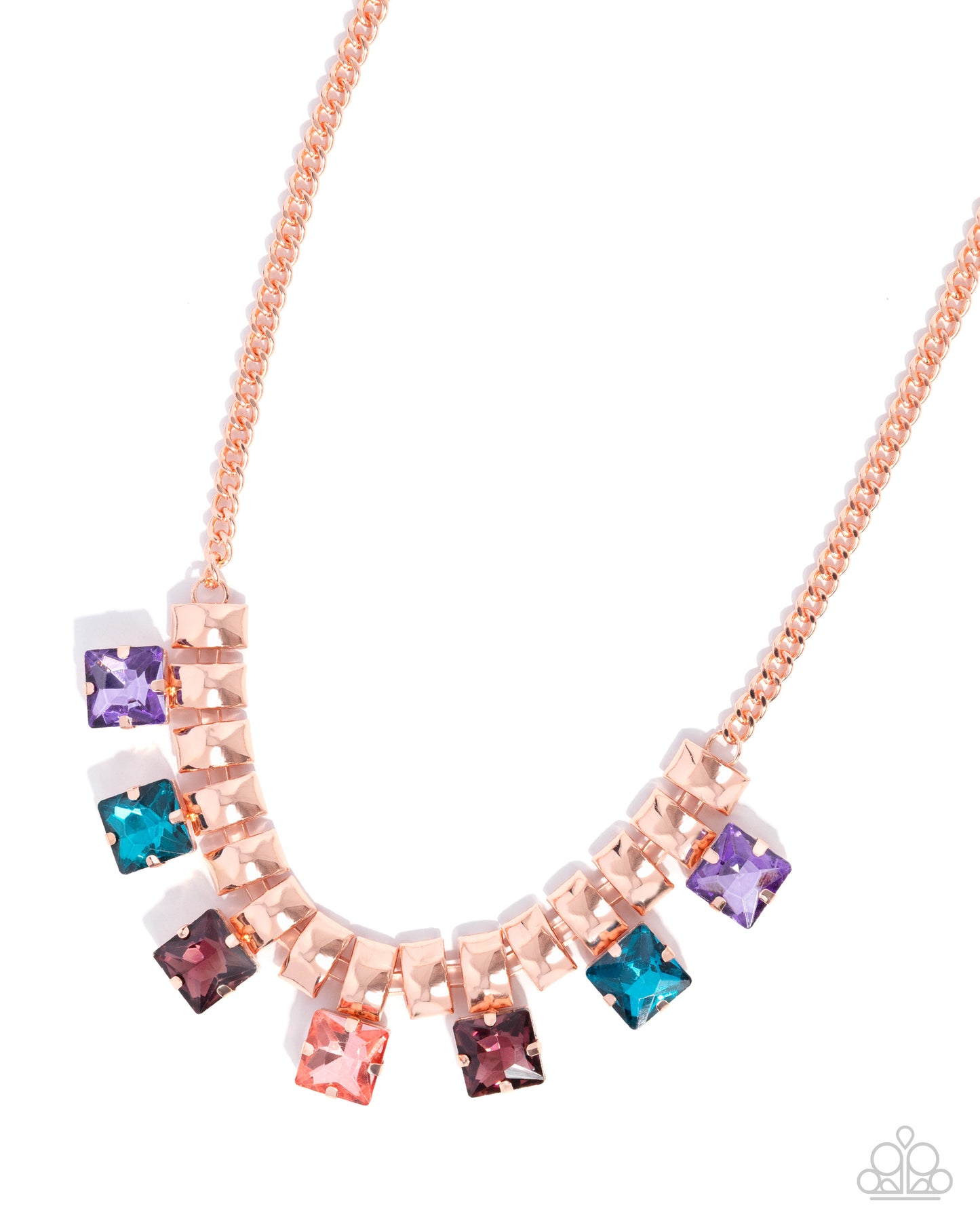Necklace with multicolored square stones on a white background