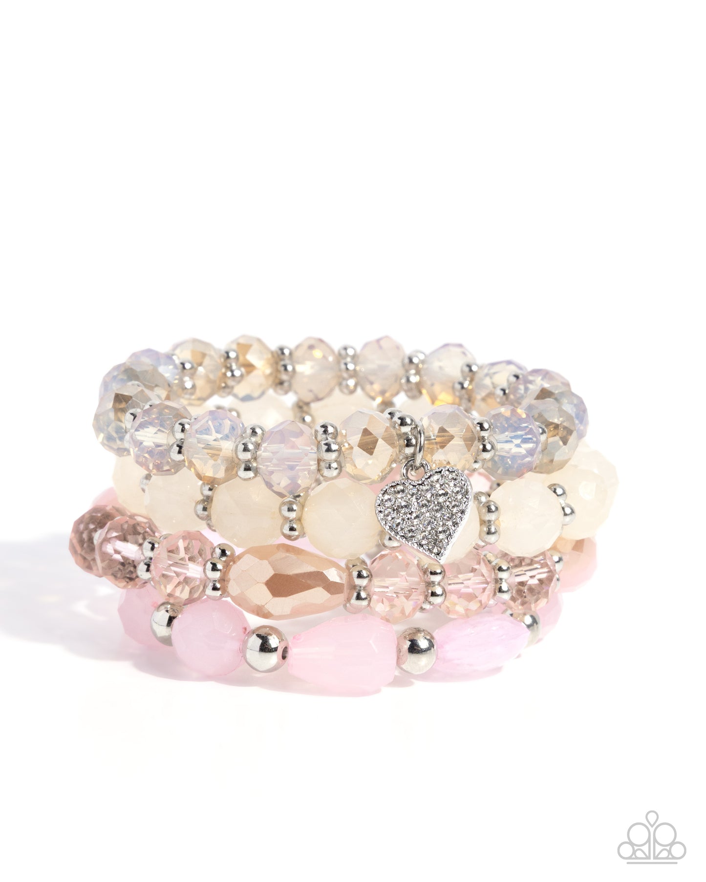 Stack of beaded bracelets with heart charm on a white background
