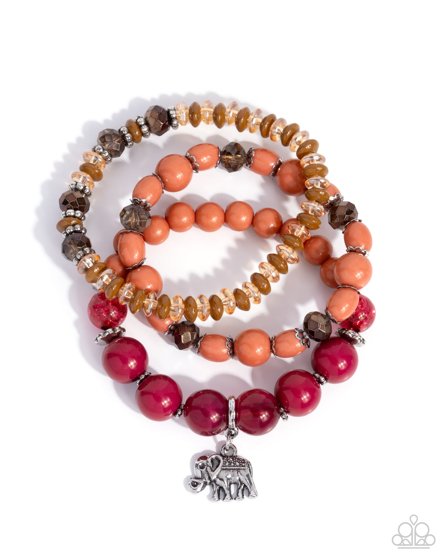 Set of beaded bracelets with a silver elephant charm on a white background