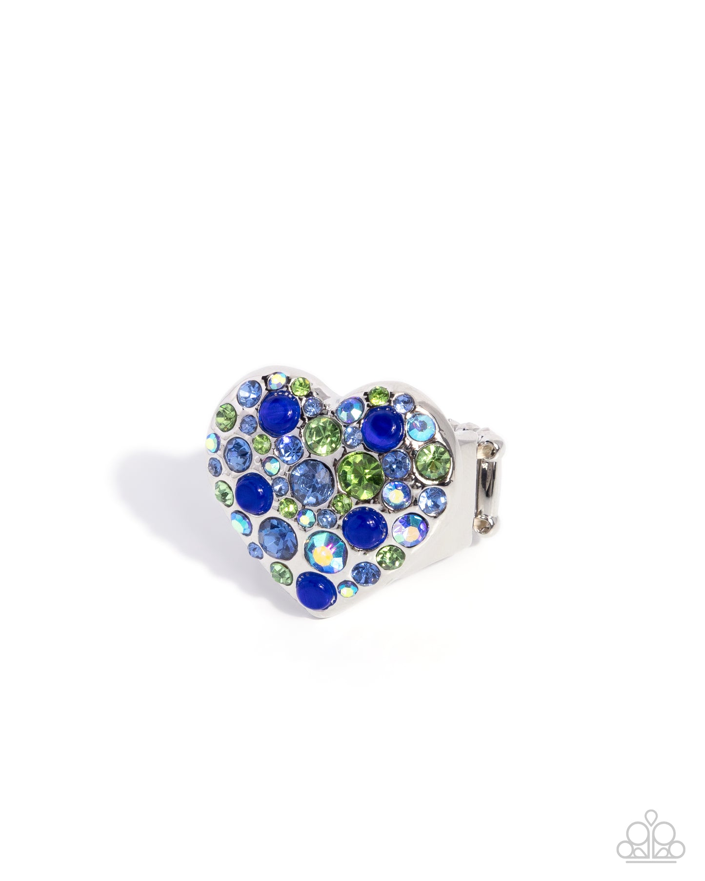 Heart-shaped jewelry clasp with blue and green gemstones on a white background