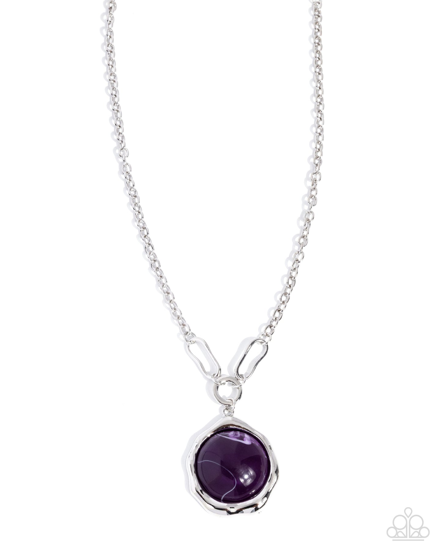 Silver necklace with a purple gemstone pendant on a white background