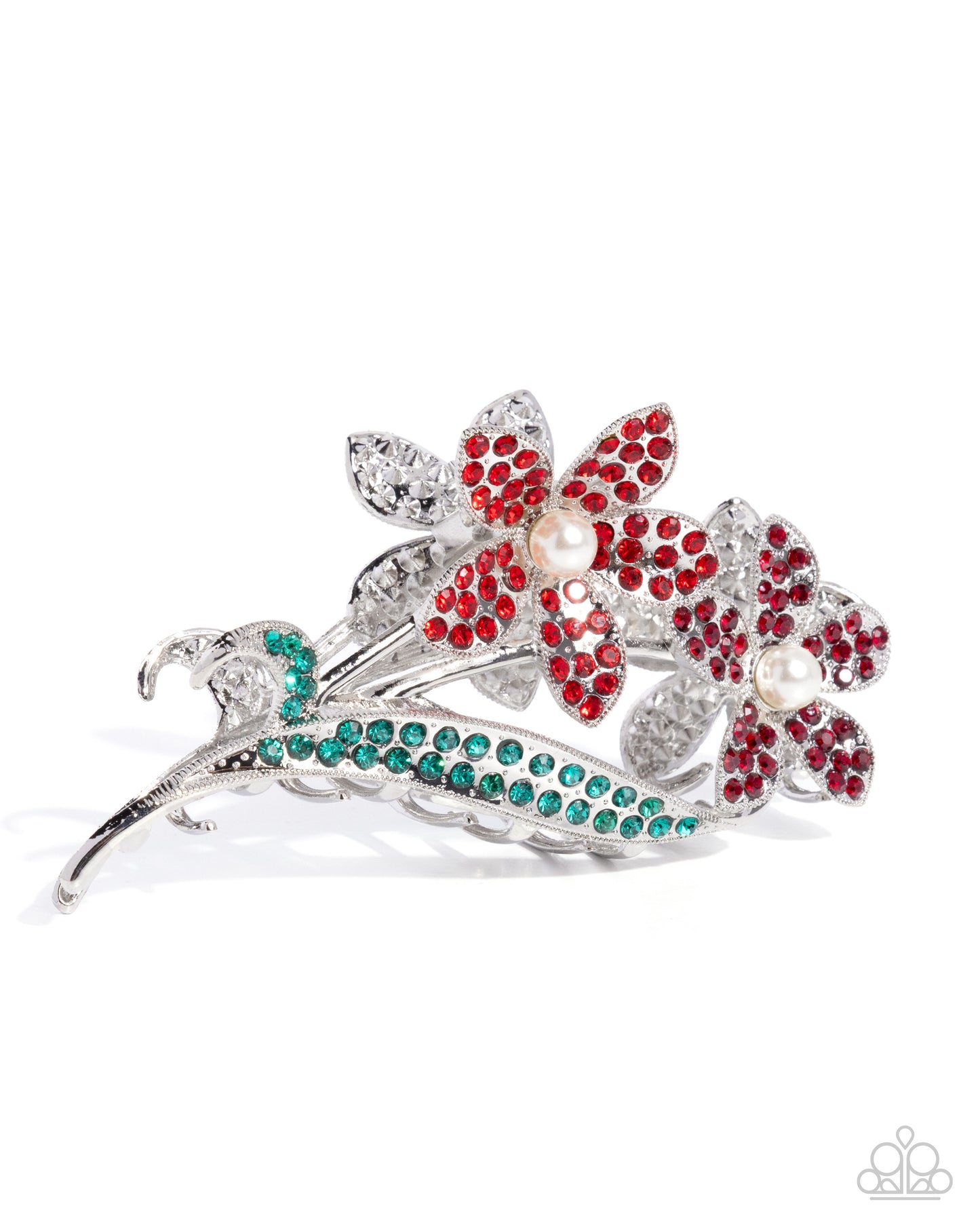 Elegant brooch with red flowers and green accents on a white background