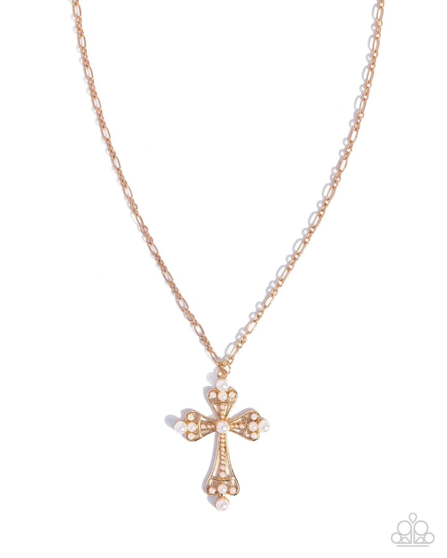 Gold cross necklace on a white background