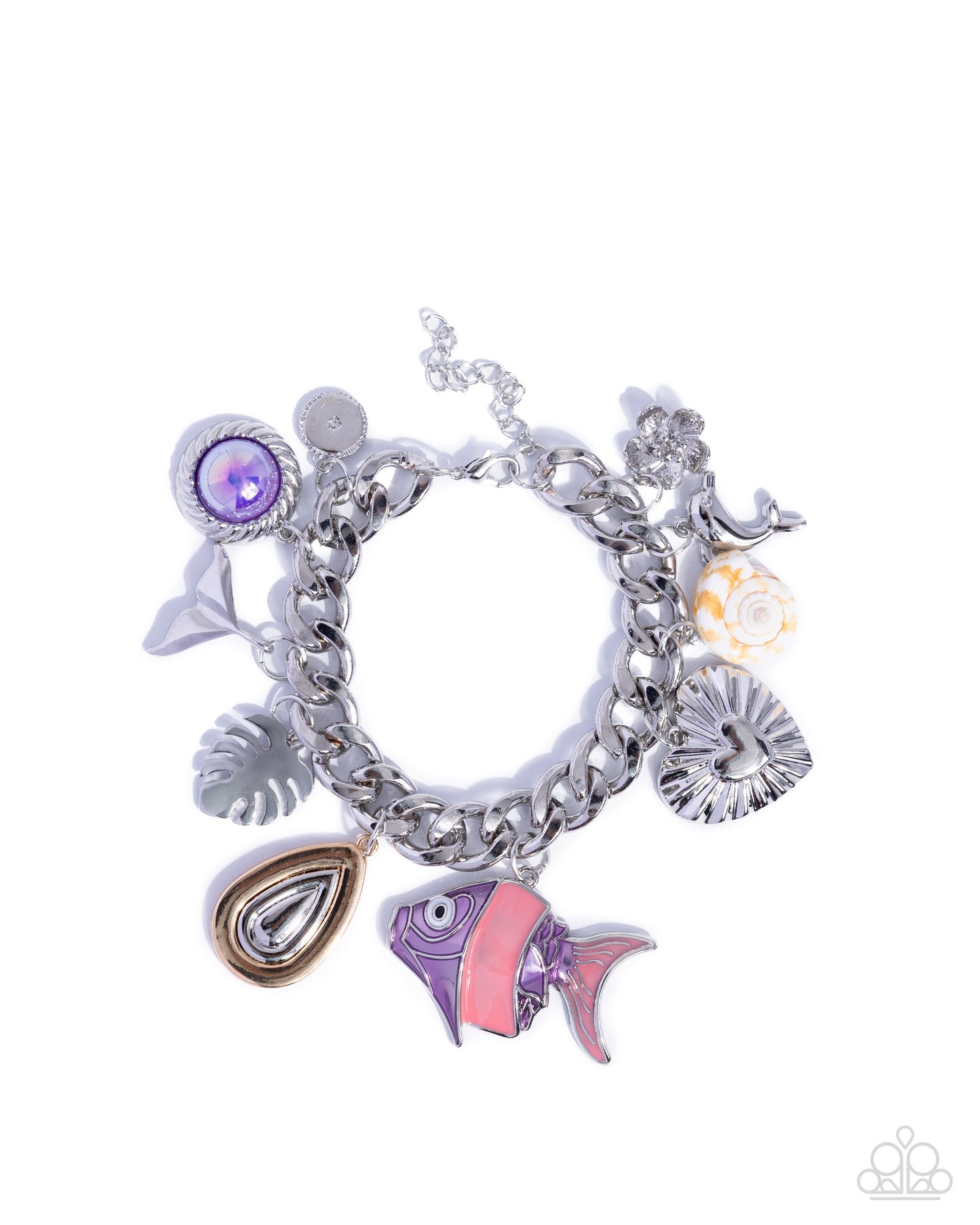 Silver charm bracelet with various charms on a white background