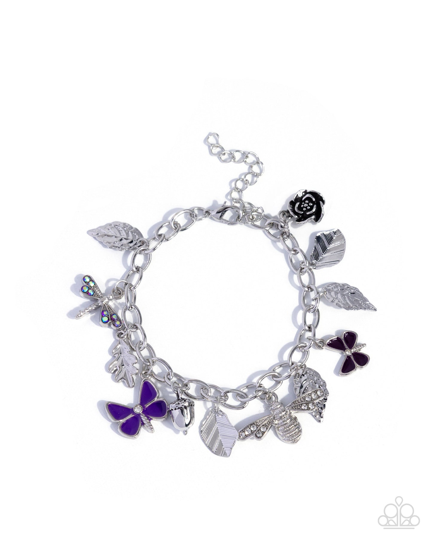 Silver bracelet with various charms including a purple butterfly on a white background