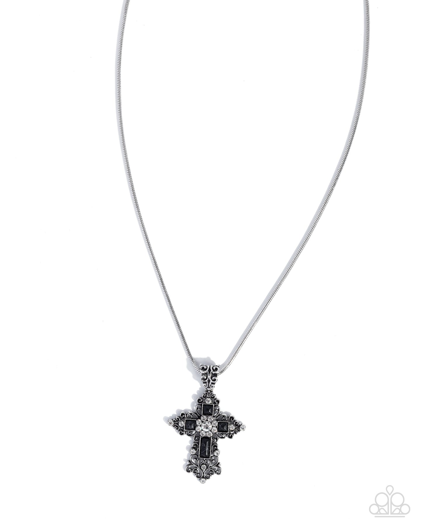 Silver cross necklace with black accents on a white background