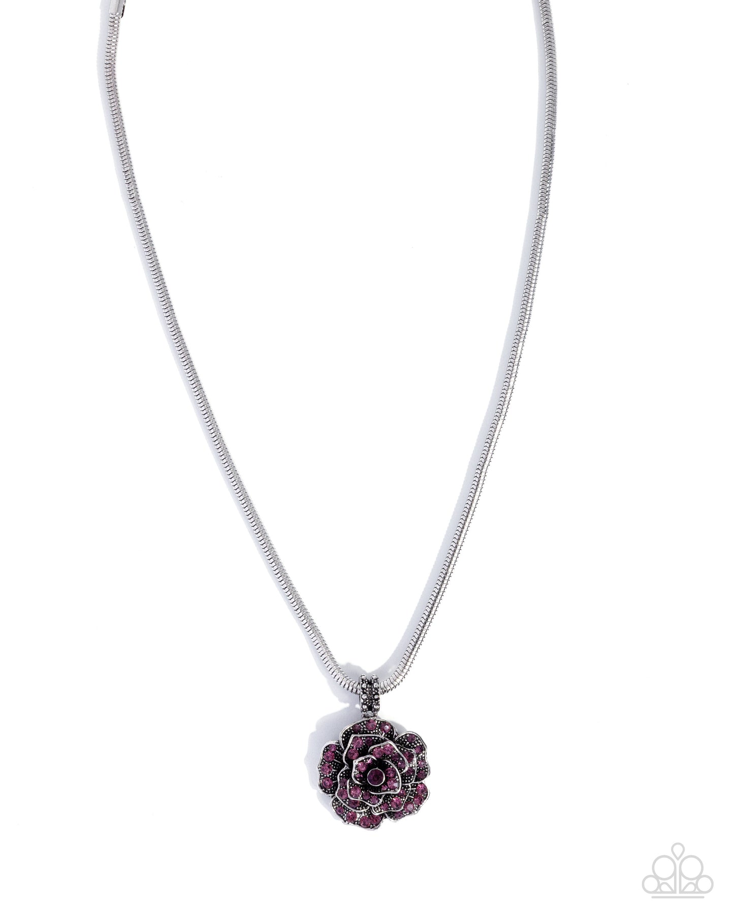 Necklace with a purple flower pendant on a white background