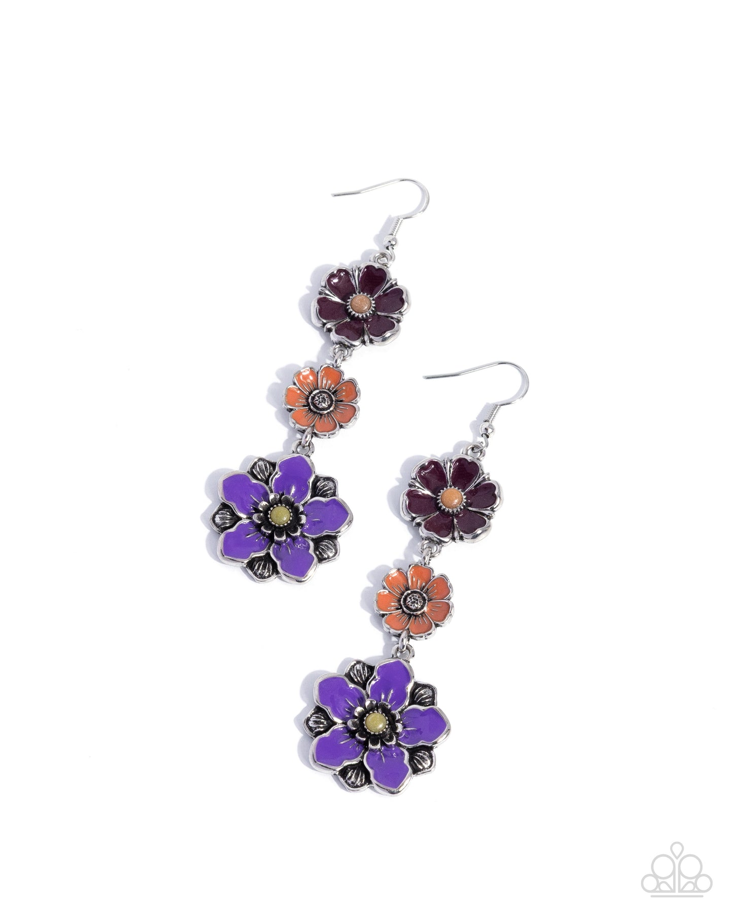 Pair of floral earrings with purple, orange, and red flowers on a white background